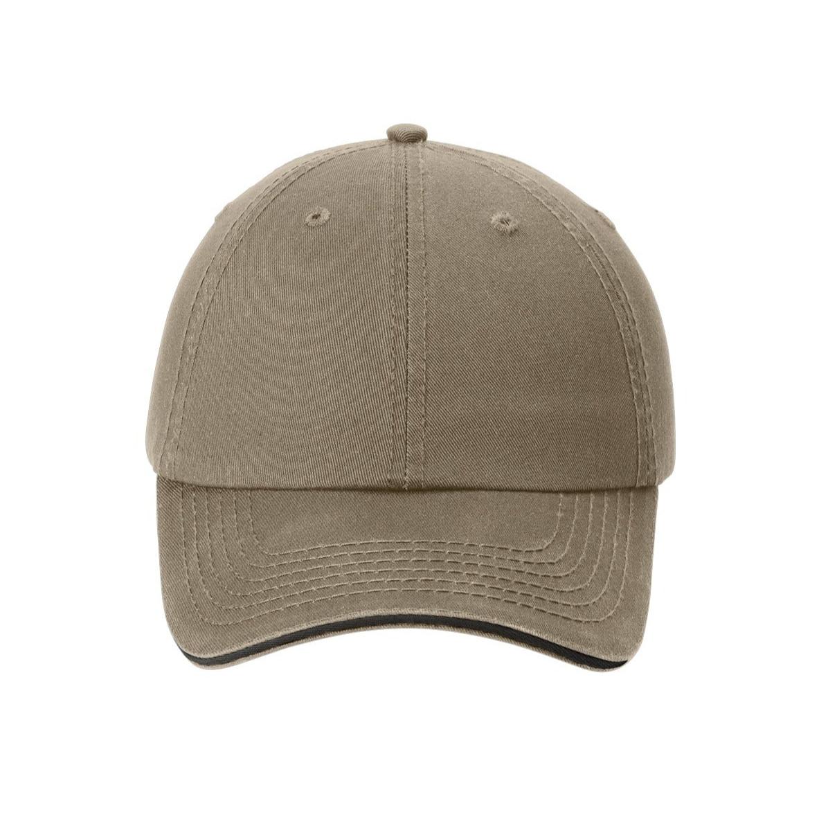 no-logo Port & Company Washed Twill Sandwich Bill Cap-Headwear-Port & Company-Khaki/Black-OSFA-Thread Logic
