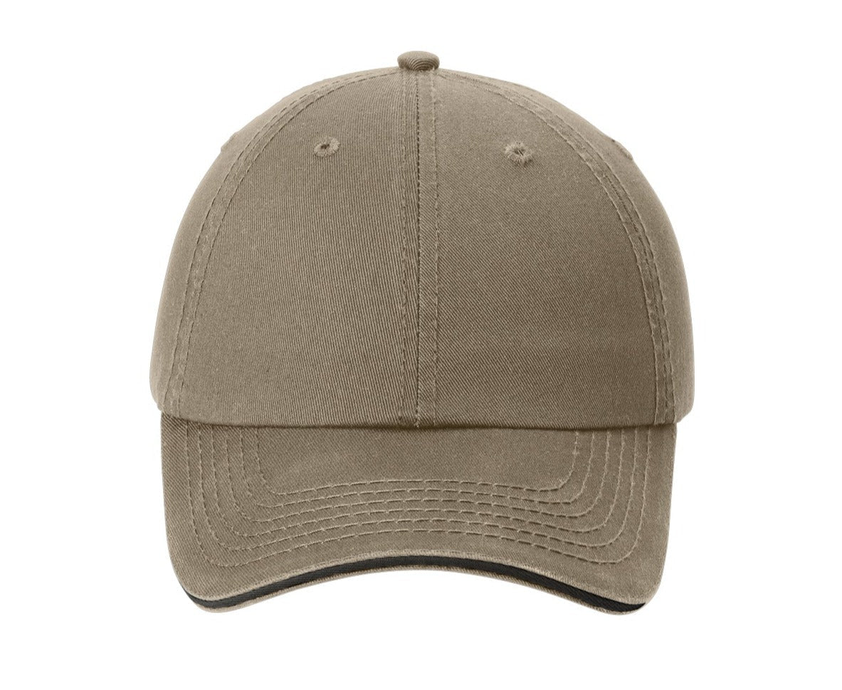 No-Logo CLOSEOUT - Port & Company Washed Twill Sandwich Bill Cap-Headwear-Port & Company-Khaki/Black-OSFA-Thread Logic