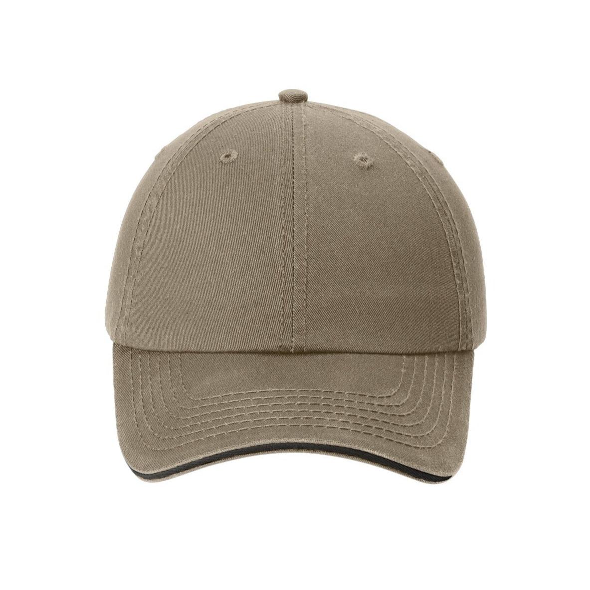 no-logo CLOSEOUT - Port & Company Washed Twill Sandwich Bill Cap-Headwear-Port & Company-Khaki/Black-OSFA-Thread Logic