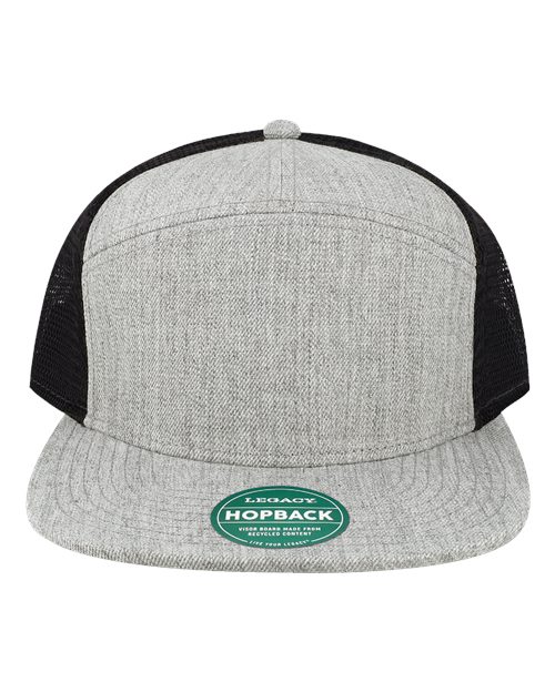 no-logo Legacy Hopback Seven-Panel Trucker Cap-Legacy-Heather Grey/ Black-Adjustable-Thread Logic