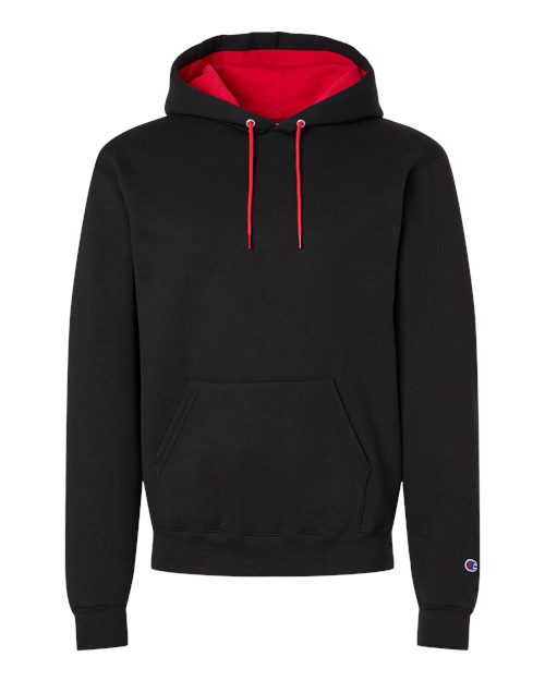 logo-left Champion Unisex Powerblend Contrast Color Hooded Sweatshirt-Champion-Black/ Scarlet-S-Thread Logic