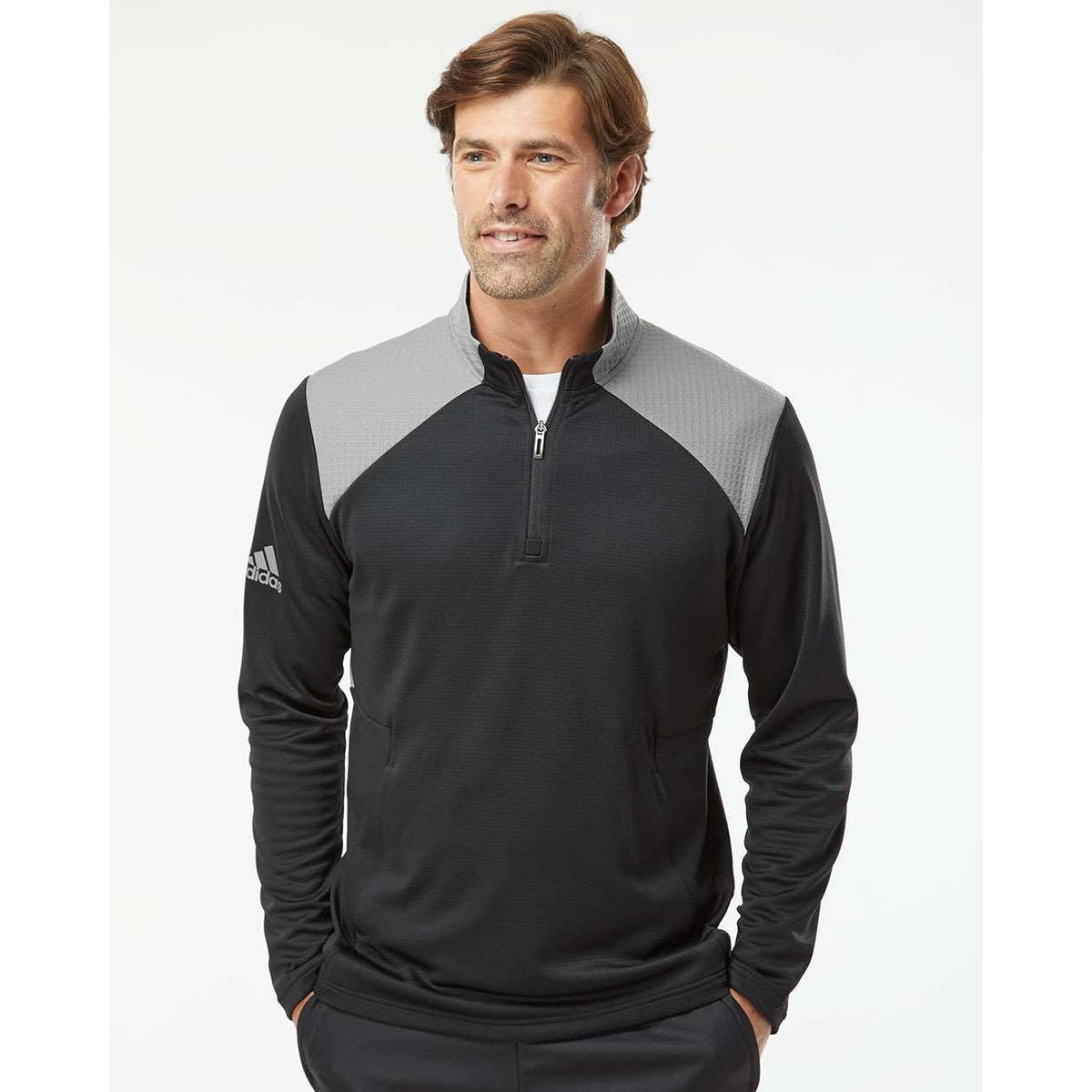 no-logo Adidas Textured Mixed Media Quarter-Zip Pullover-Outerwear-Adidas-Thread Logic