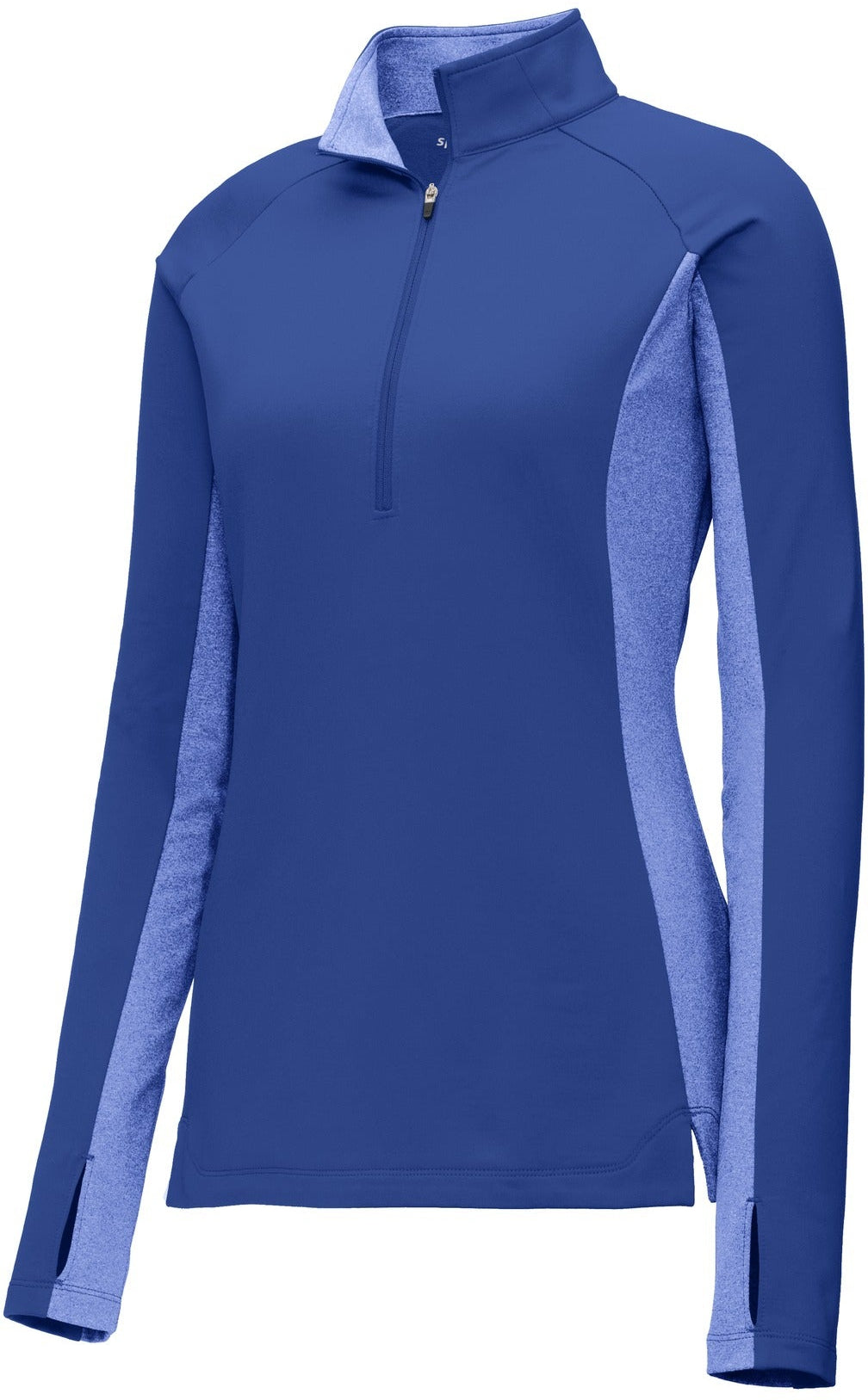 CLOSEOUT - Sport-Tek Ladies Sport-Wick Stretch Contrast 1/2-Zip Pullover-Discontinued-Sport-Tek-True Royal/True Royal Heather-S-Thread Logic