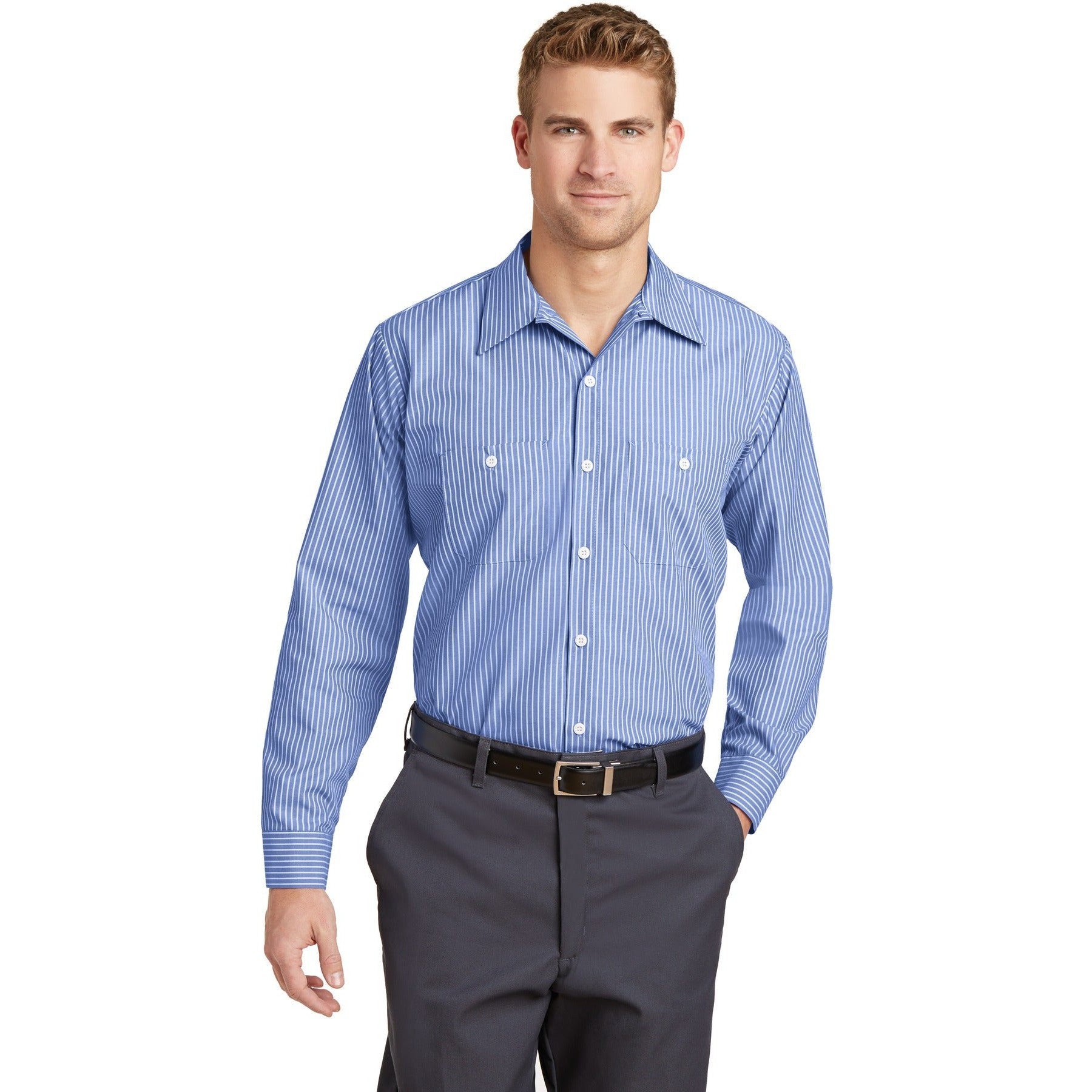 no-logo CLOSEOUT - Red Kap Long Sleeve Striped Industrial Work Shirt-Red Kap-Blue/White-4XLR-Thread Logic