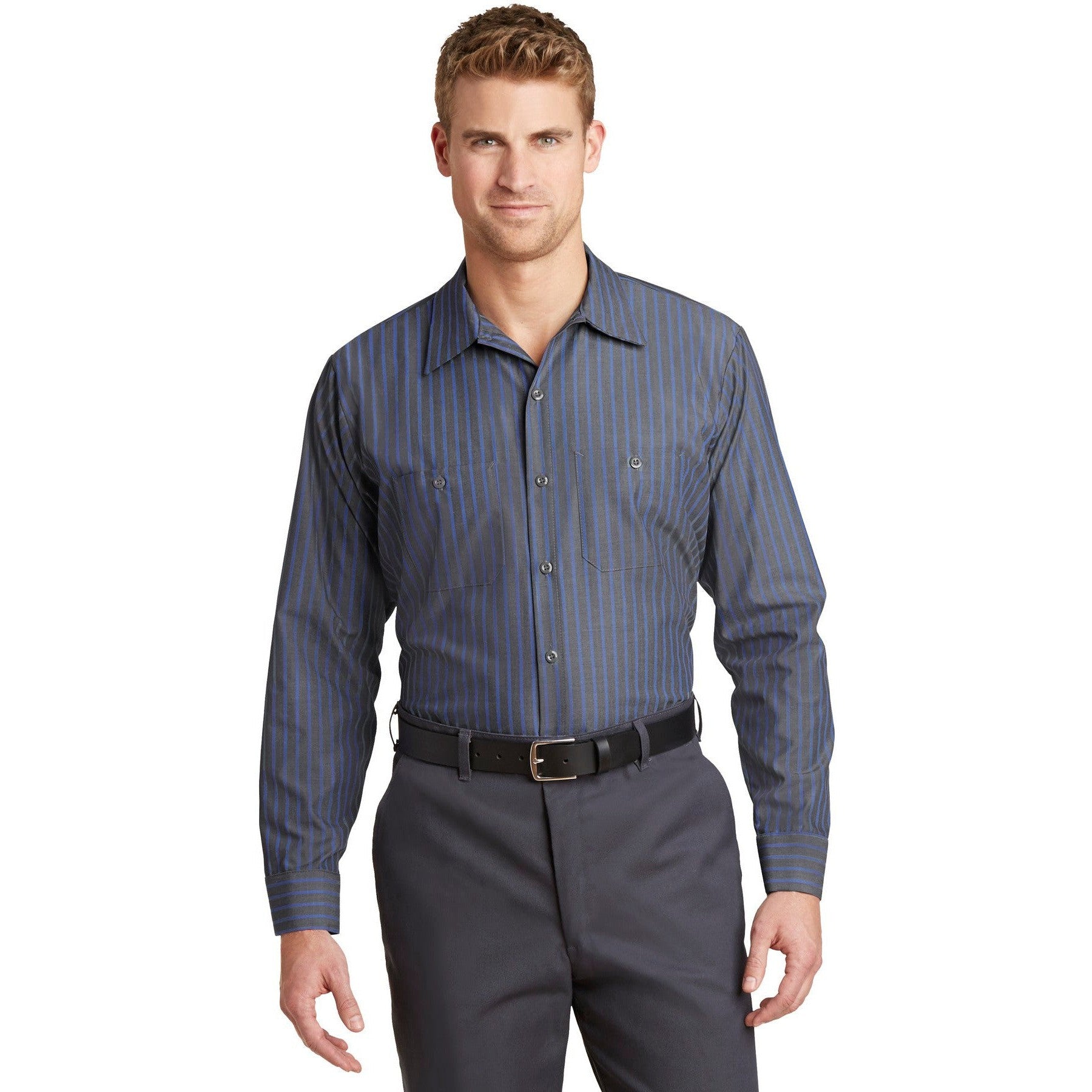 no-logo CLOSEOUT - Red Kap Long Sleeve Striped Industrial Work Shirt-Red Kap-Grey/Blue-4XLR-Thread Logic