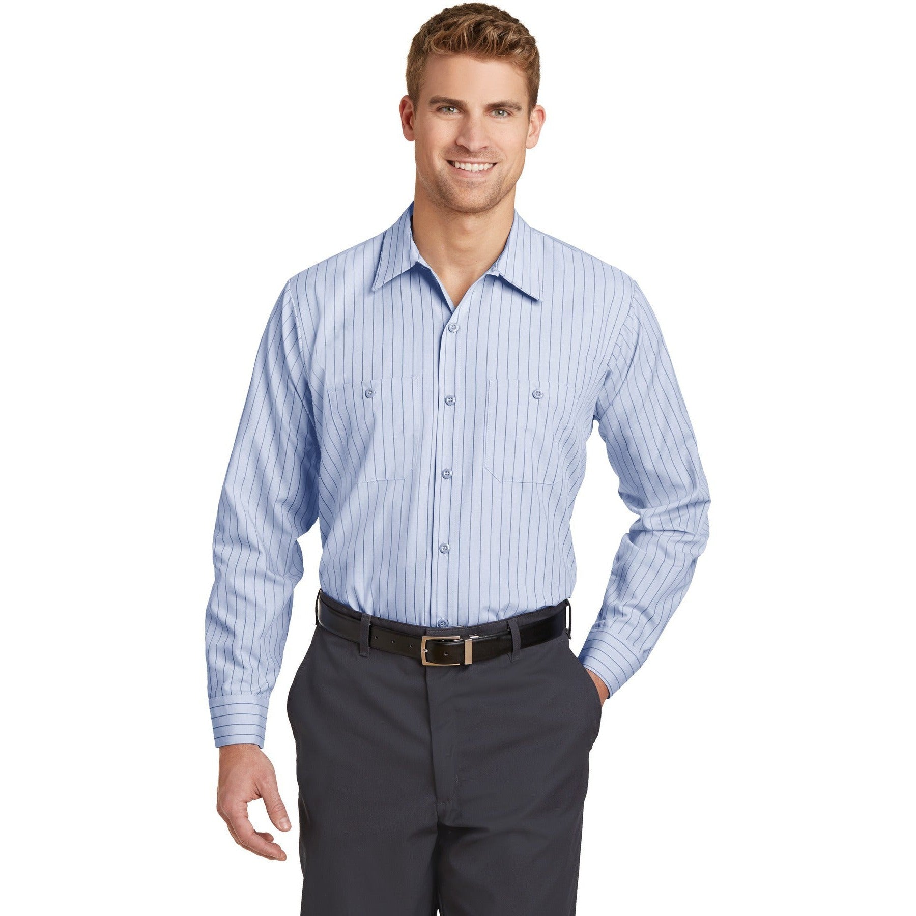 no-logo CLOSEOUT - Red Kap Long Sleeve Striped Industrial Work Shirt-Red Kap-Light Blue/Navy-5XLR-Thread Logic