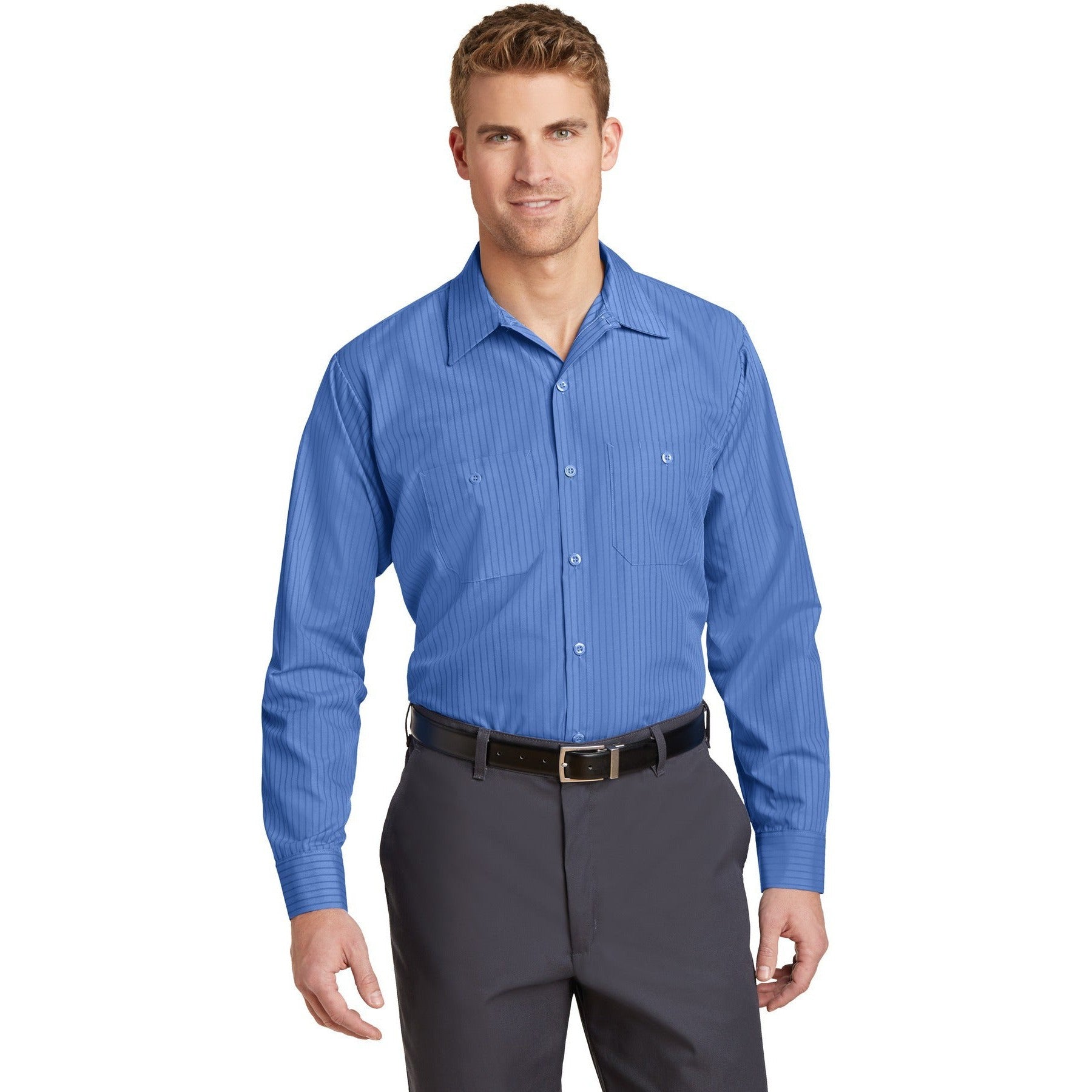 no-logo CLOSEOUT - Red Kap Long Sleeve Striped Industrial Work Shirt-Red Kap-Petrol Blue/Navy-4XLR-Thread Logic