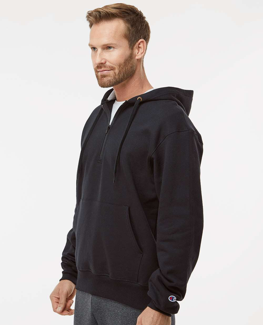 no-logo Champion Cotton Max Hooded Quarter-Zip Sweatshirt-Men's Layering-Champion-Thread Logic
