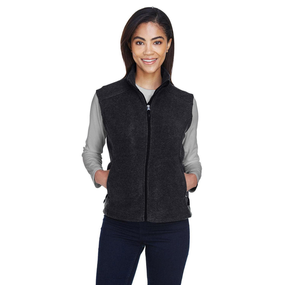 no-logo Core 365 Ladies Journey Fleece Vest-Ladies Layering-CORE365-Heather Charcoal-XS-Thread Logic