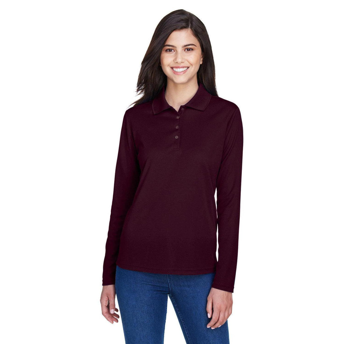 no-logo Core 365 Women's Pinnacle Performance Long-Sleeve Pique Polo-Ladies Polos-CORE365-Burgundy-XS-Thread Logic