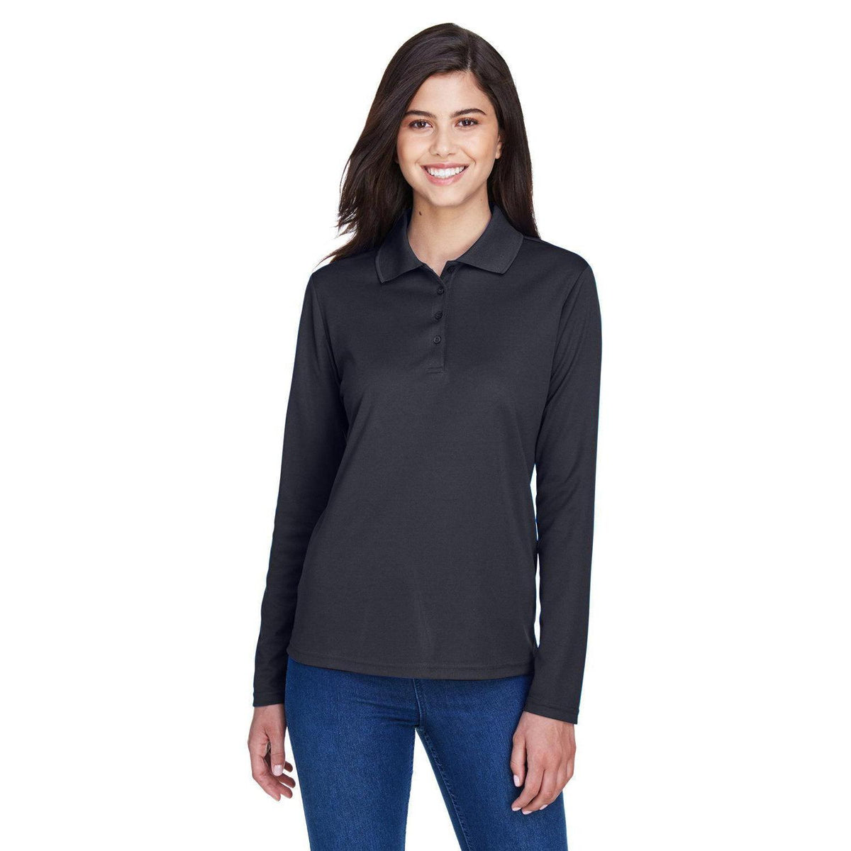no-logo Core 365 Women's Pinnacle Performance Long-Sleeve Pique Polo-Ladies Polos-CORE365-Carbon-XS-Thread Logic