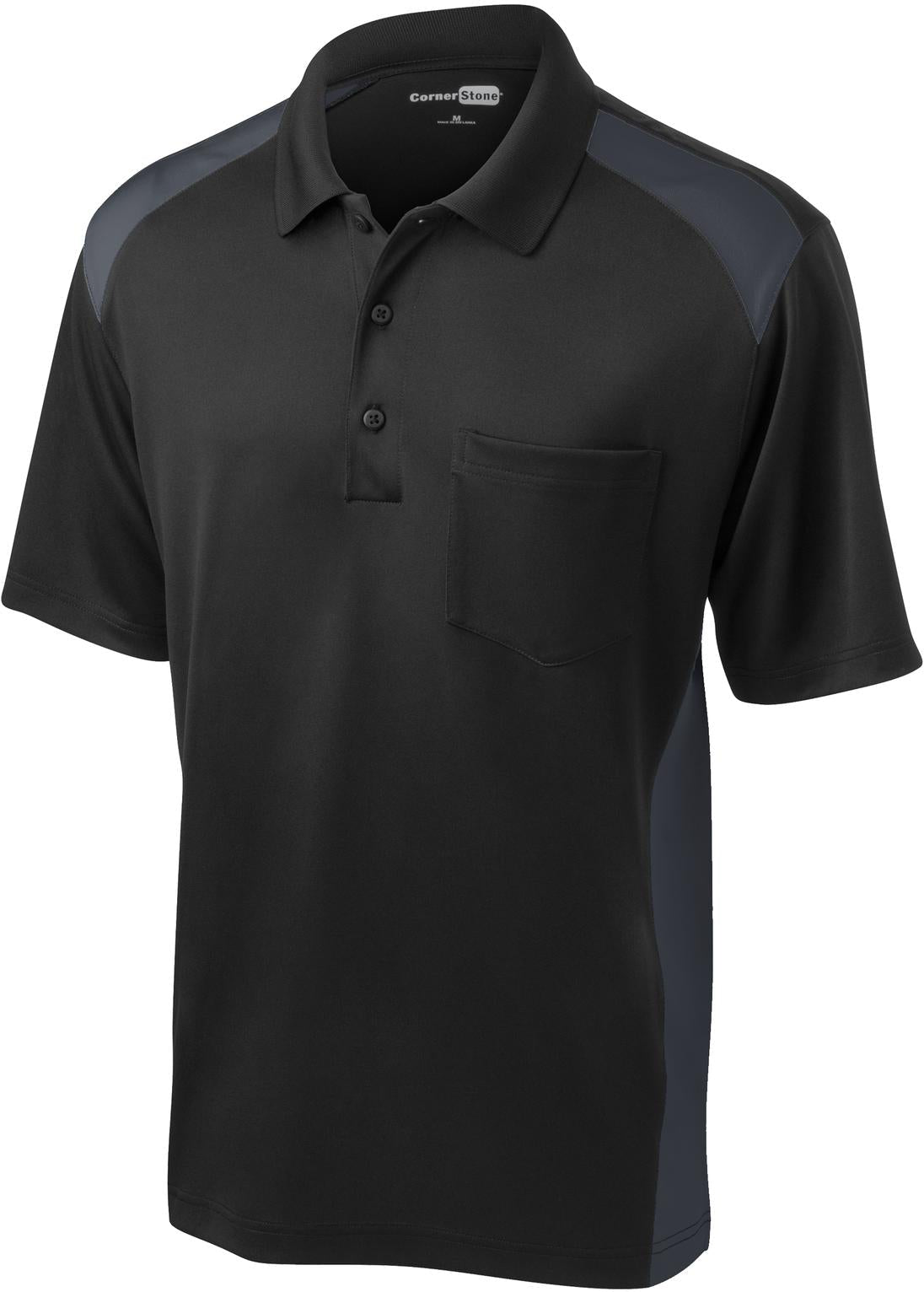 CornerStone Snag-Proof Colorblock Pocket Polo-Regular-Cornerstone-Black/Charcoal-S-Thread Logic