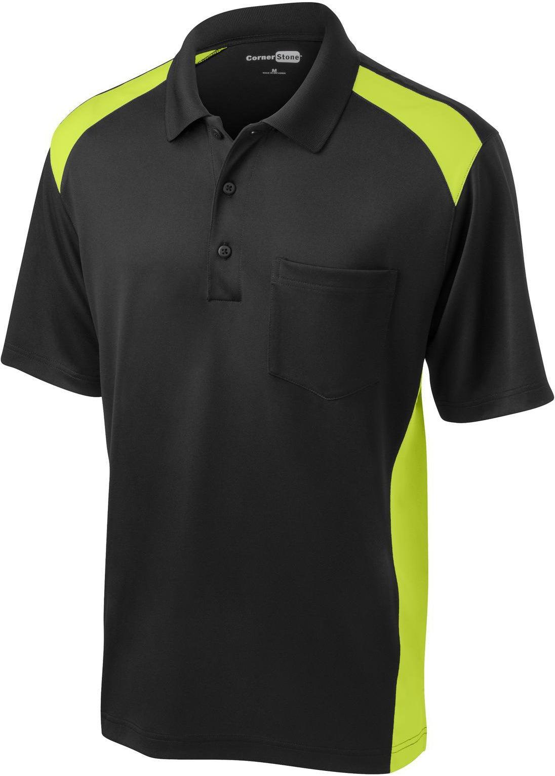 CornerStone Snag-Proof Colorblock Pocket Polo-Regular-Cornerstone-Black/Shock Green-S-Thread Logic