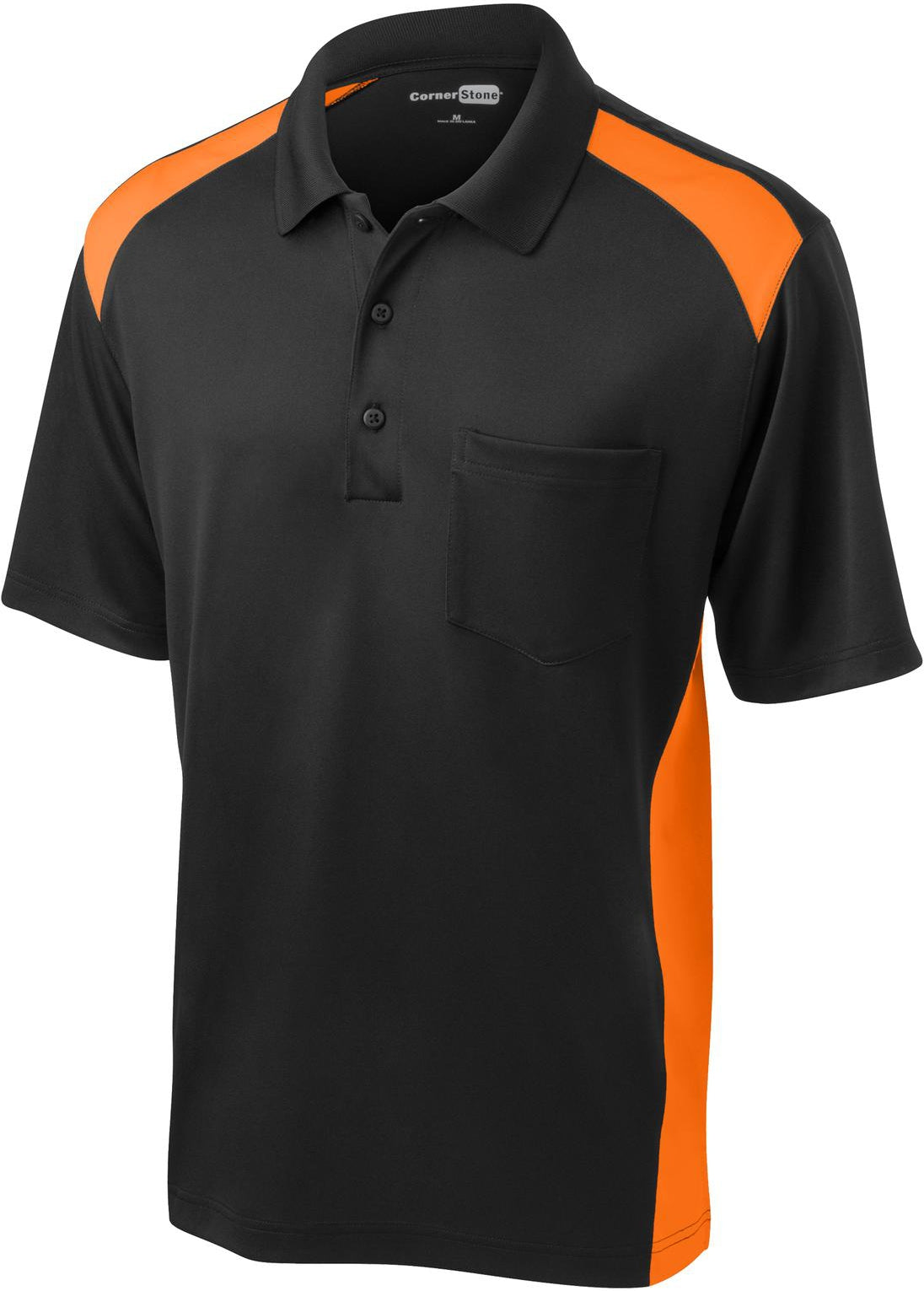 CornerStone Snag-Proof Colorblock Pocket Polo-Regular-Cornerstone-Black/Shock Orange-S-Thread Logic