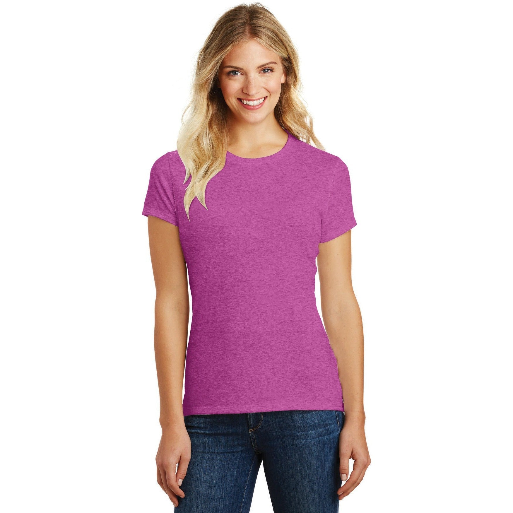 no-logo CLOSEOUT - District Women's Perfect Blend CVC Tee-District-Heathered Pink Raspberry-XS-Thread Logic