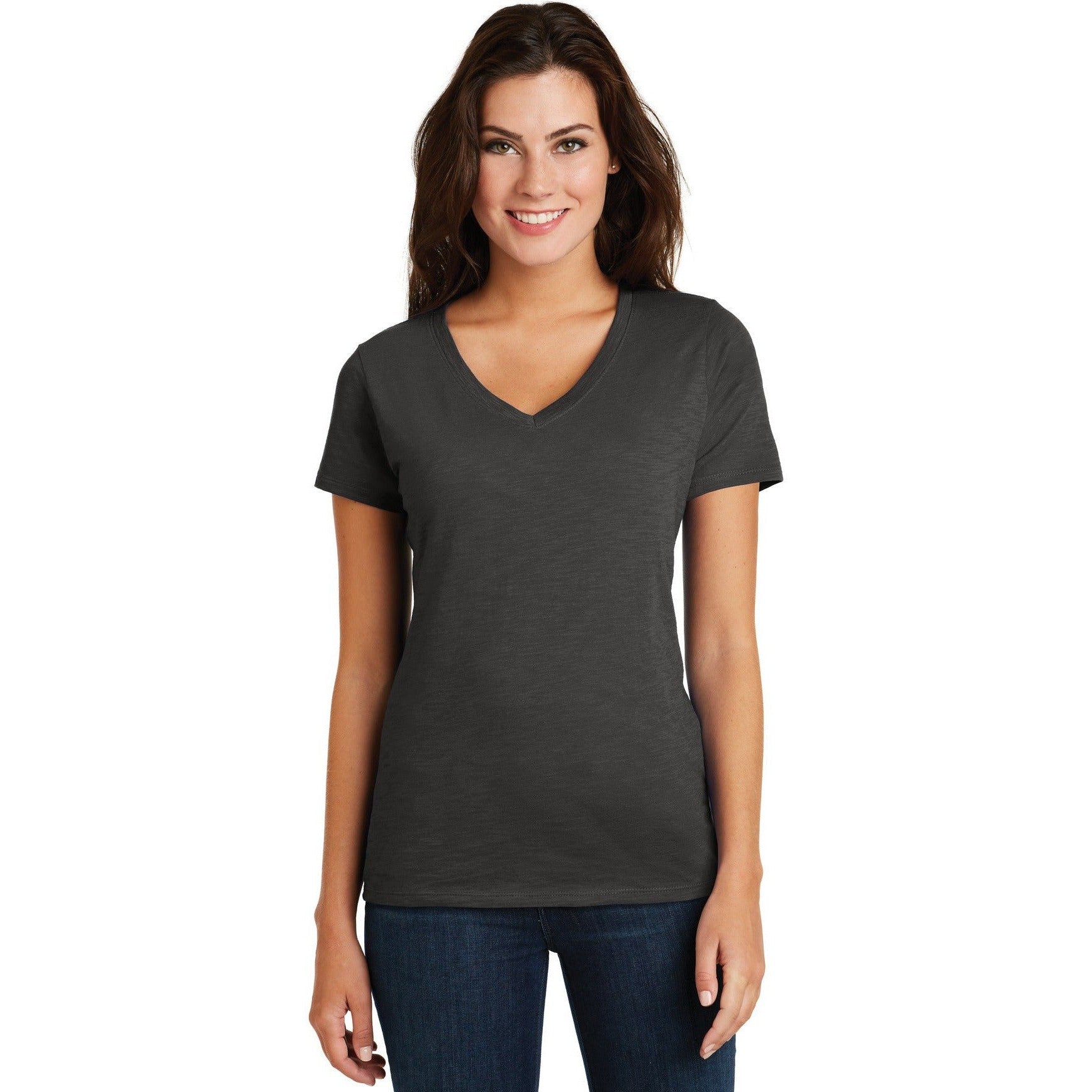 no-logo CLOSEOUT - District Women's Super Slub V-Neck Tee-District-Charcoal-S-Thread Logic