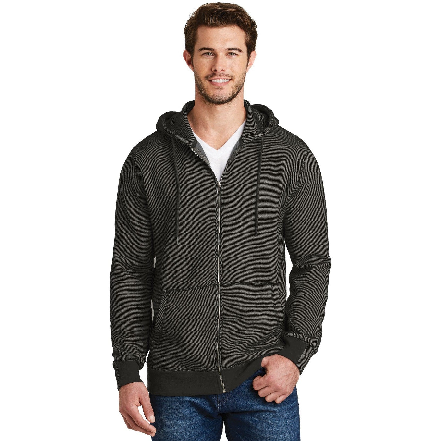 no-logo CLOSEOUT - District Made Mens Mini Stripe Full-Zip Hoodie-District-Black/Charcoal-S-Thread Logic