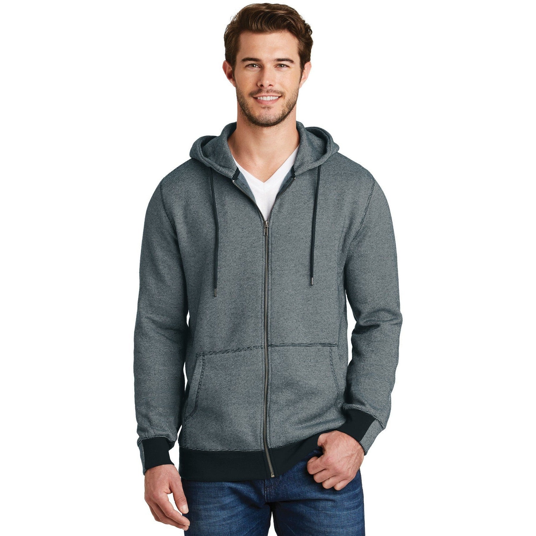 no-logo CLOSEOUT - District Made Mens Mini Stripe Full-Zip Hoodie-District-New Navy/White-XS-Thread Logic