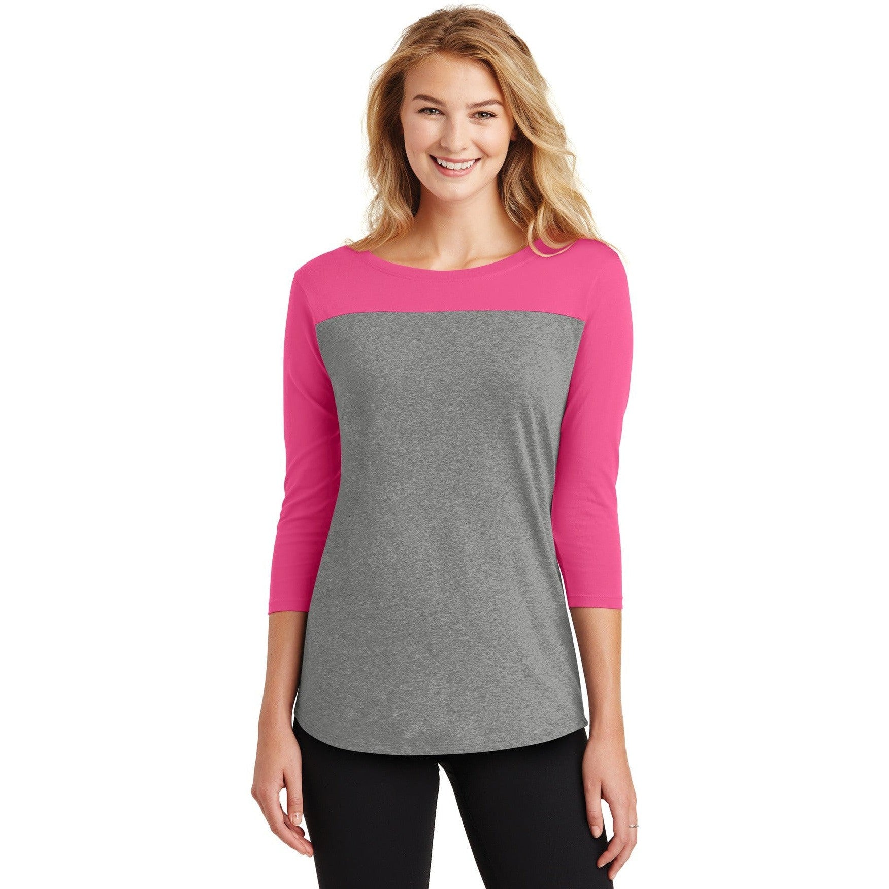 no-logo CLOSEOUT - District Women's Rally 3/4-Sleeve Tee-District-Dark Fuchsia/Grey Frost-S-Thread Logic