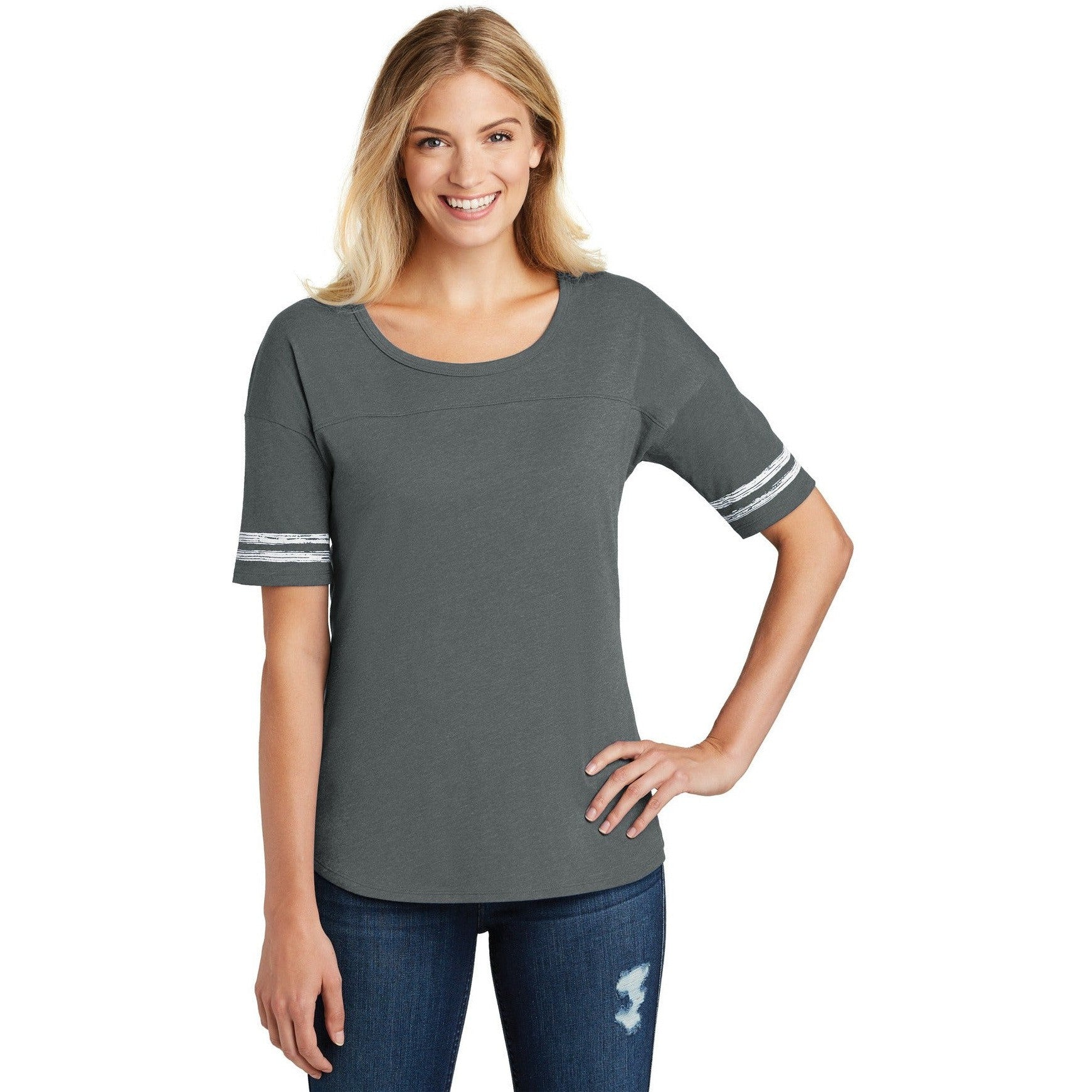 no-logo CLOSEOUT - District Women's Scorecard Tee-District-Heathered Charcoal/White-L-Thread Logic