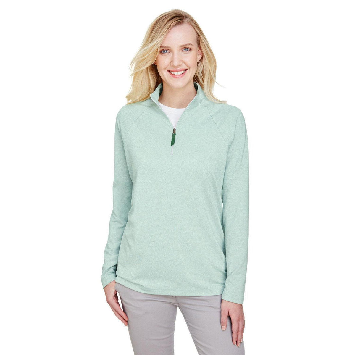 logo-left Devon & Jones CrownLux Performance Ladies Clubhouse Micro-Stripe Quarter-Zip-Ladies Layering-Devon&Jones-Kelly Green-S-Thread Logic