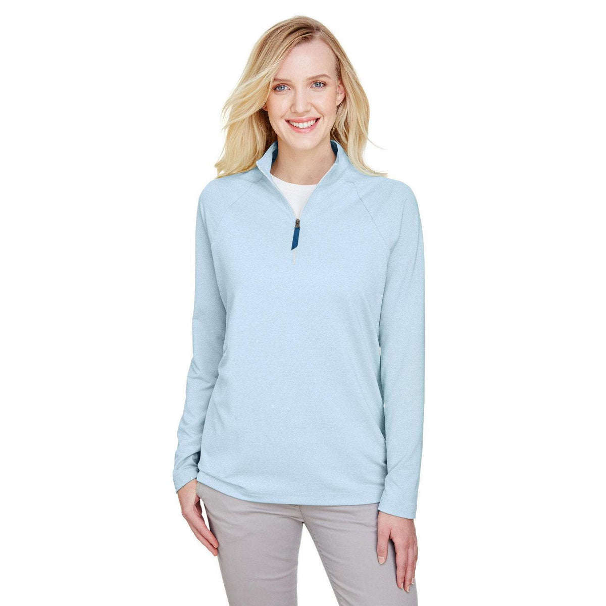 logo-left Devon & Jones CrownLux Performance Ladies Clubhouse Micro-Stripe Quarter-Zip-Ladies Layering-Devon&Jones-Ocean Blue-S-Thread Logic