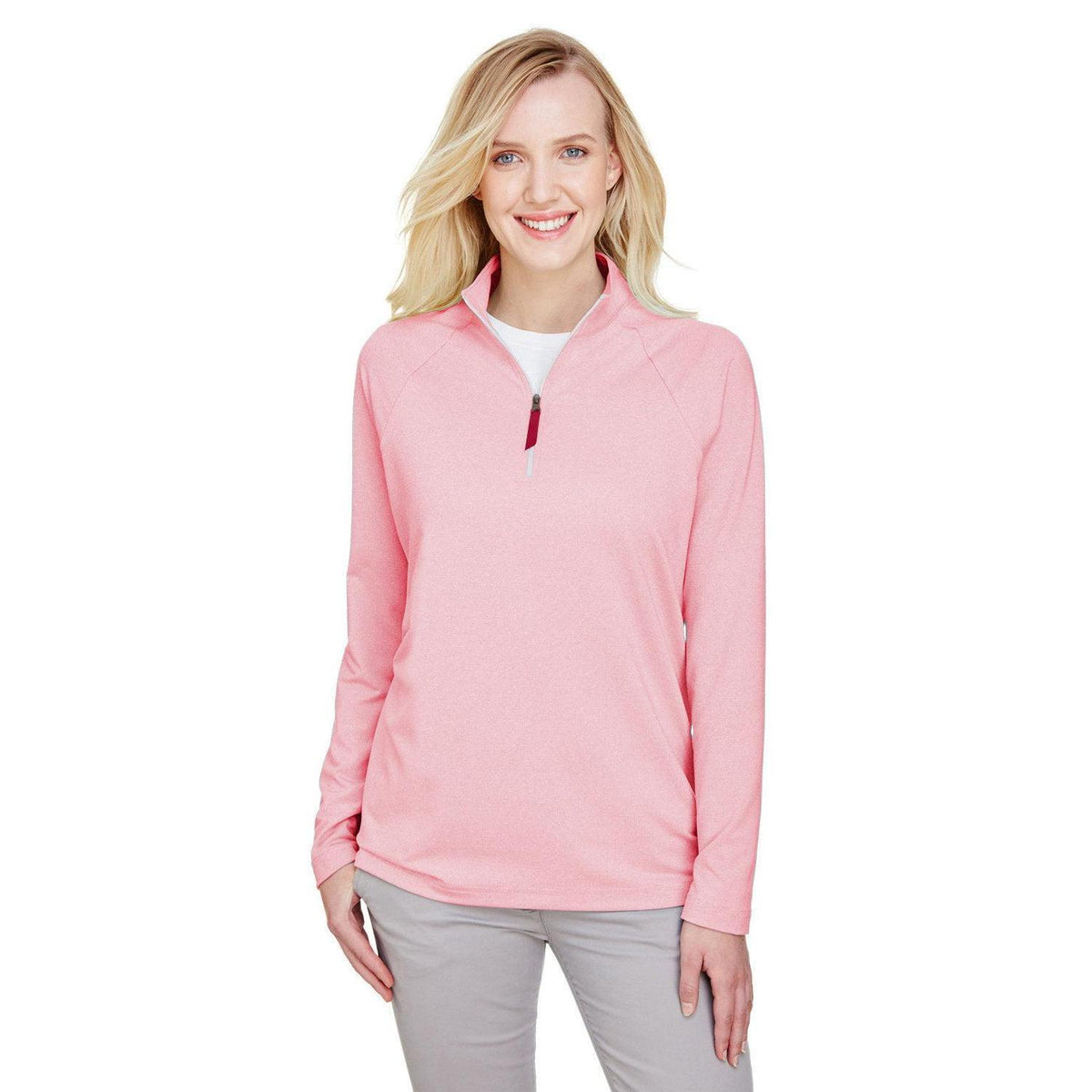 logo-left Devon & Jones CrownLux Performance Ladies Clubhouse Micro-Stripe Quarter-Zip-Ladies Layering-Devon&Jones-Red-S-Thread Logic