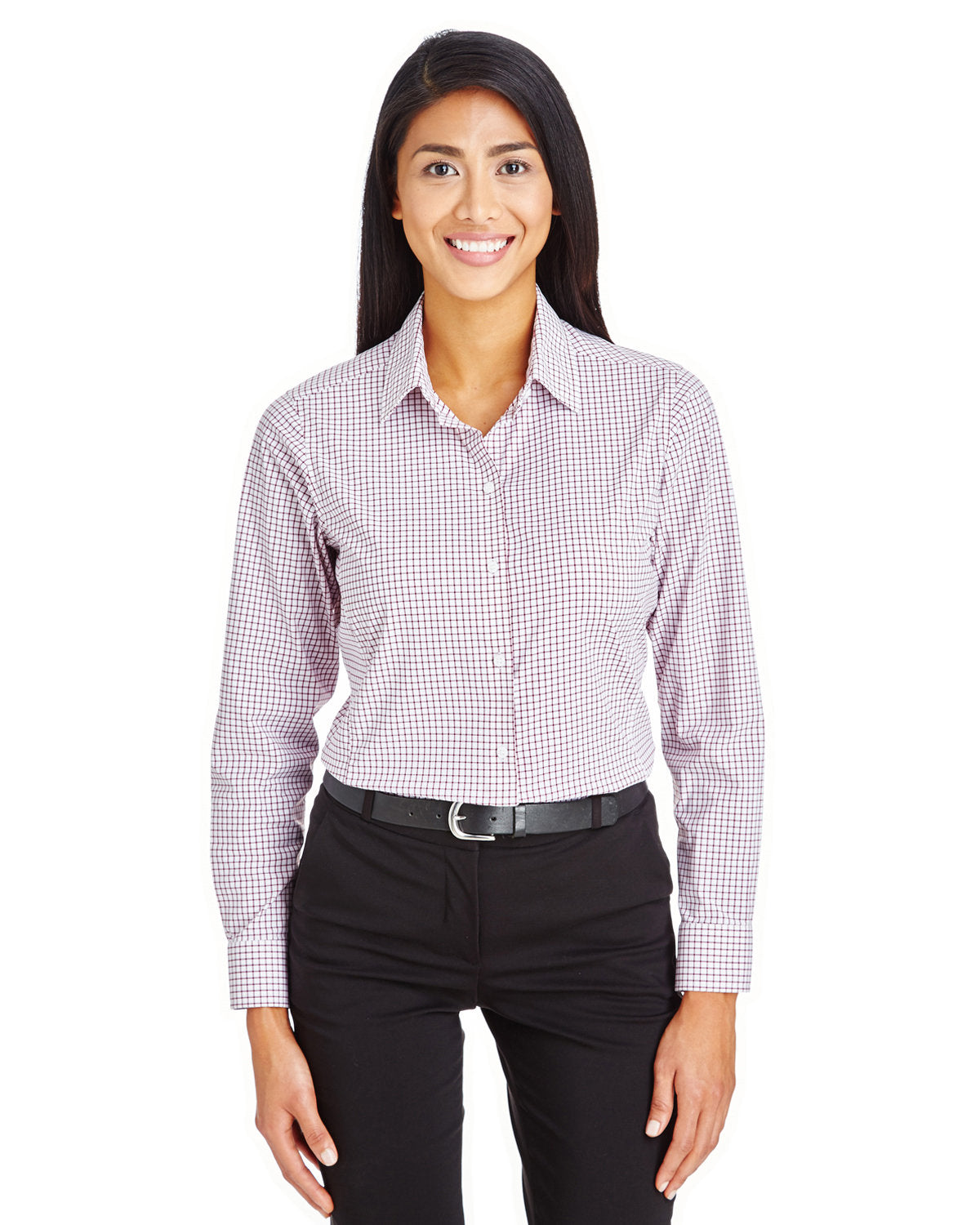 Devon & Jones CrownLux Performance Ladies Micro Windowpane Shirt-Ladies Dress Shirts-Devon&Jones-Burgundy/White-S-Thread Logic