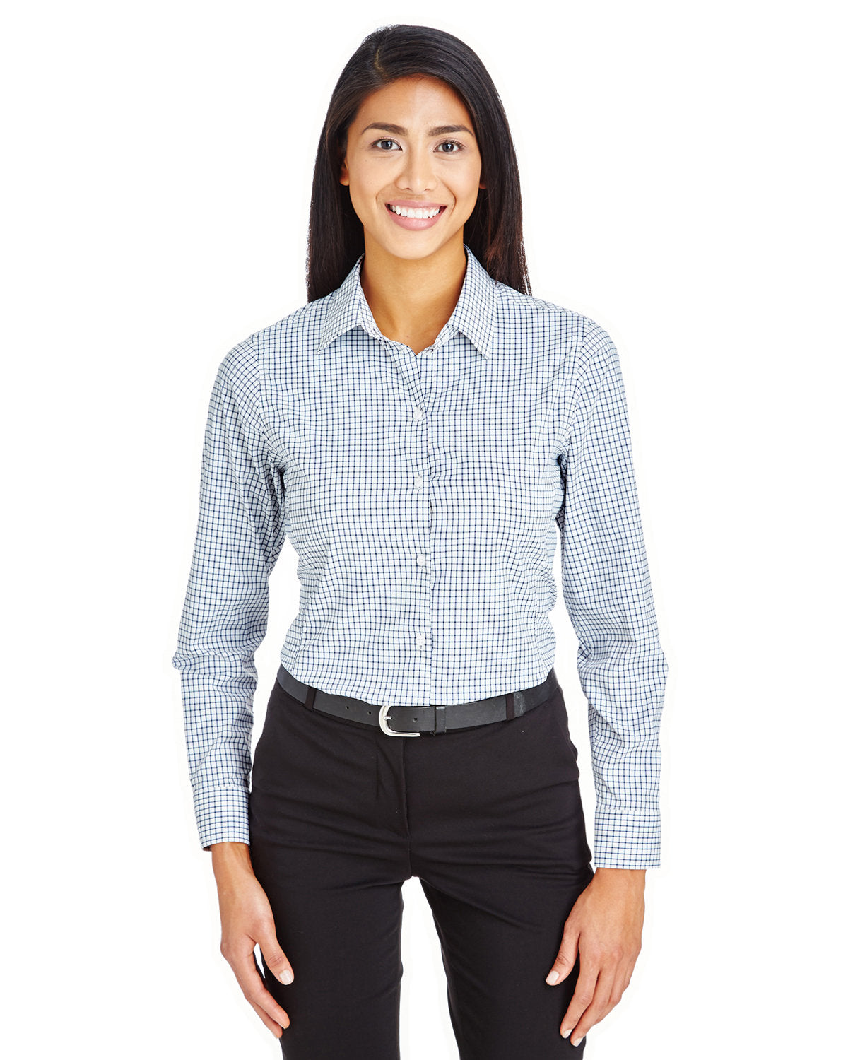 Devon & Jones CrownLux Performance Ladies Micro Windowpane Shirt-Ladies Dress Shirts-Devon&Jones-Navy/White-S-Thread Logic