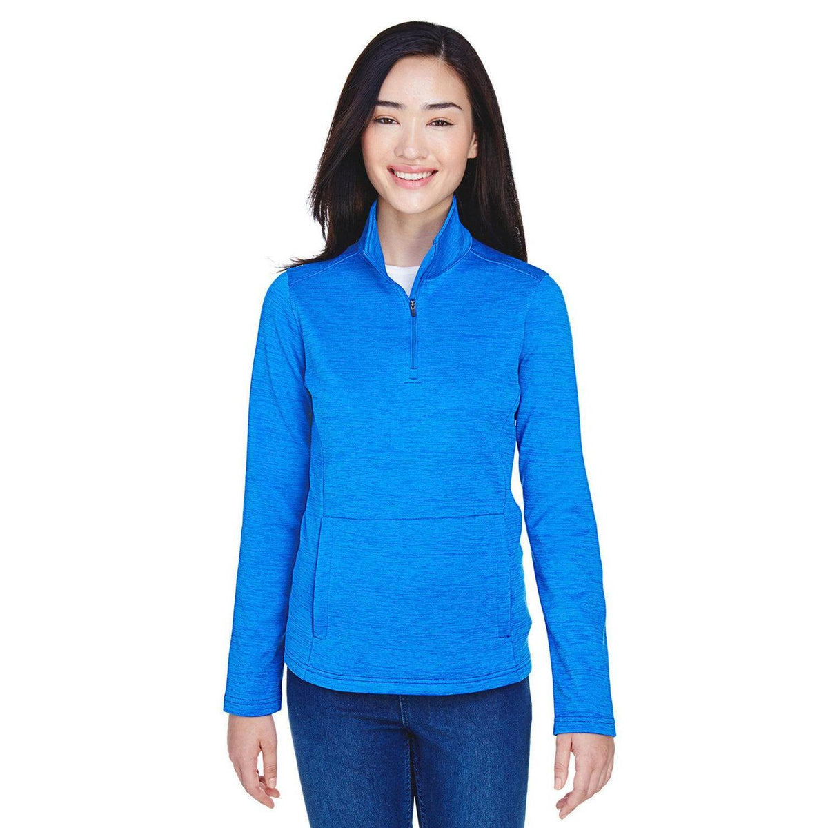 logo-left Devon & Jones Ladies Newbury Mélange Fleece Quarter-Zip-Ladies Layering-Devon&Jones-French Blue Heather-S-Thread Logic