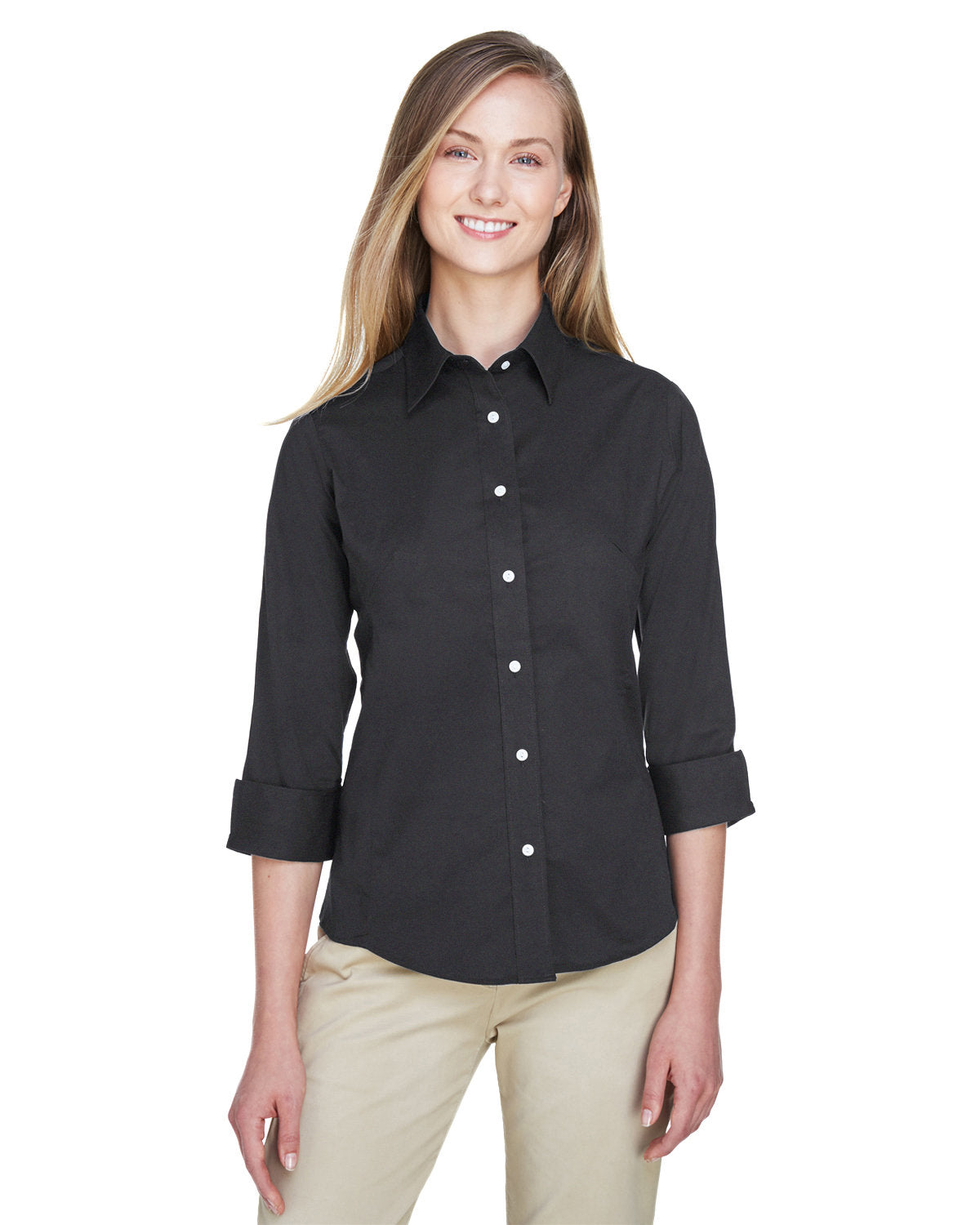 Devon & Jones Ladies Perfect Fit 3/4-Sleeve Stretch Poplin Blouse-Ladies Dress Shirts-Devon&Jones-Black-S-Thread Logic