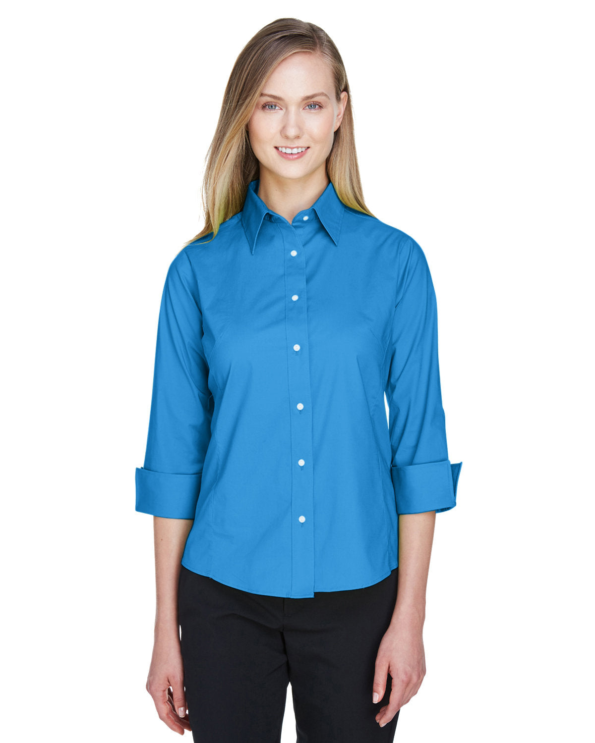 Devon & Jones Ladies Perfect Fit 3/4-Sleeve Stretch Poplin Blouse-Ladies Dress Shirts-Devon&Jones-French Blue-S-Thread Logic