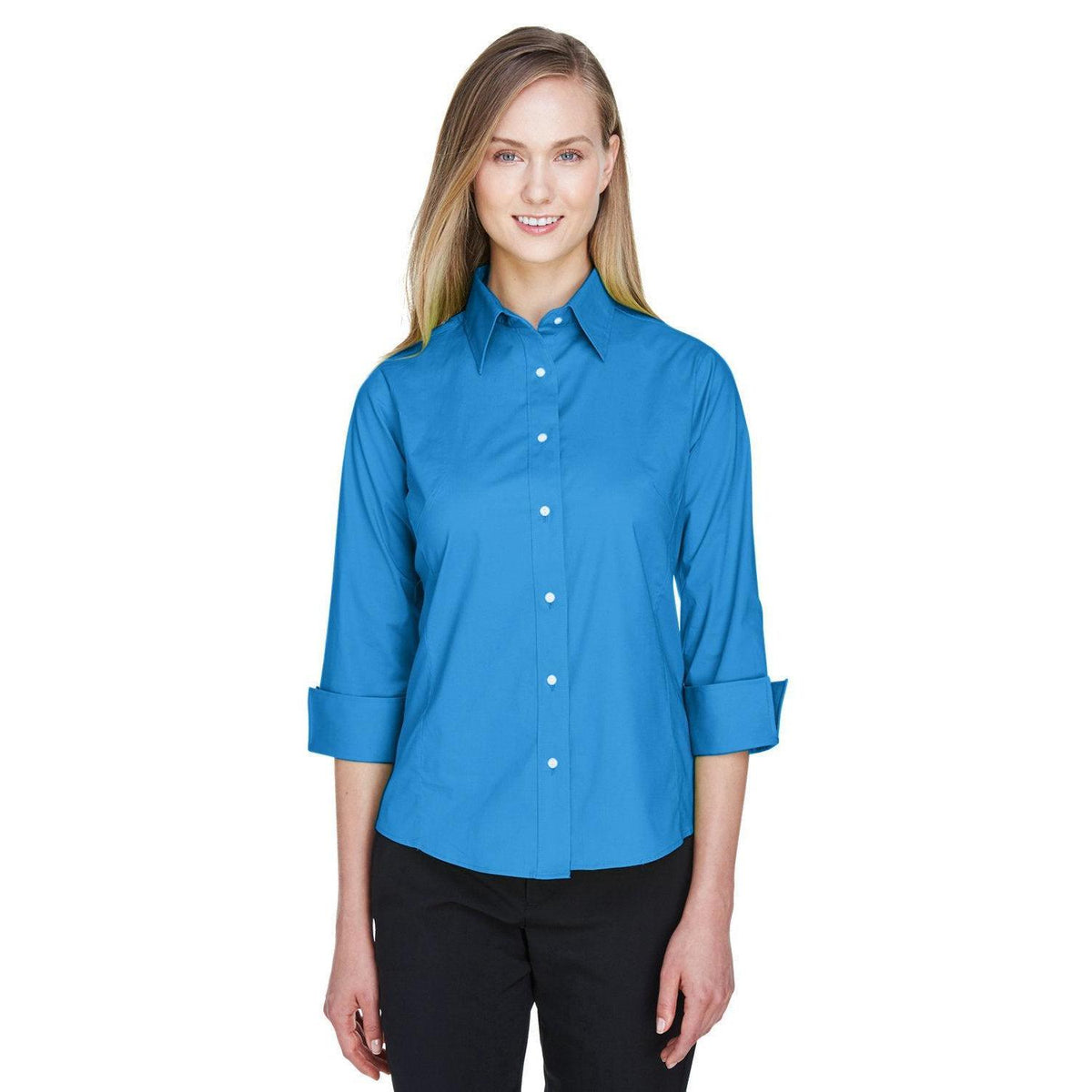 no-logo Devon & Jones Ladies Perfect Fit 3/4-Sleeve Stretch Poplin Blouse-Ladies Dress Shirts-Devon&Jones-French Blue-S-Thread Logic