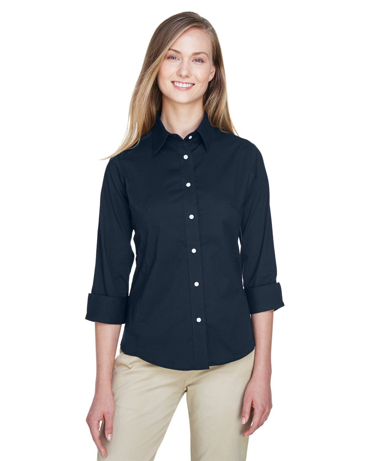 Devon & Jones Ladies Perfect Fit 3/4-Sleeve Stretch Poplin Blouse-Ladies Dress Shirts-Devon&Jones-Navy-S-Thread Logic