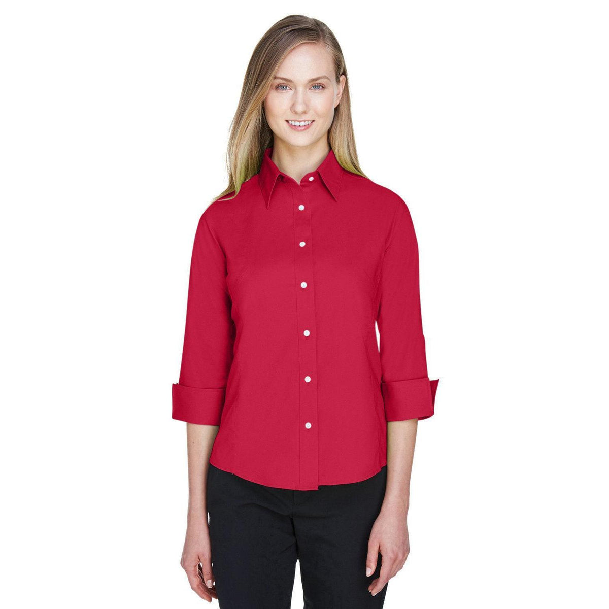 no-logo Devon & Jones Ladies Perfect Fit 3/4-Sleeve Stretch Poplin Blouse-Ladies Dress Shirts-Devon&Jones-Red-S-Thread Logic