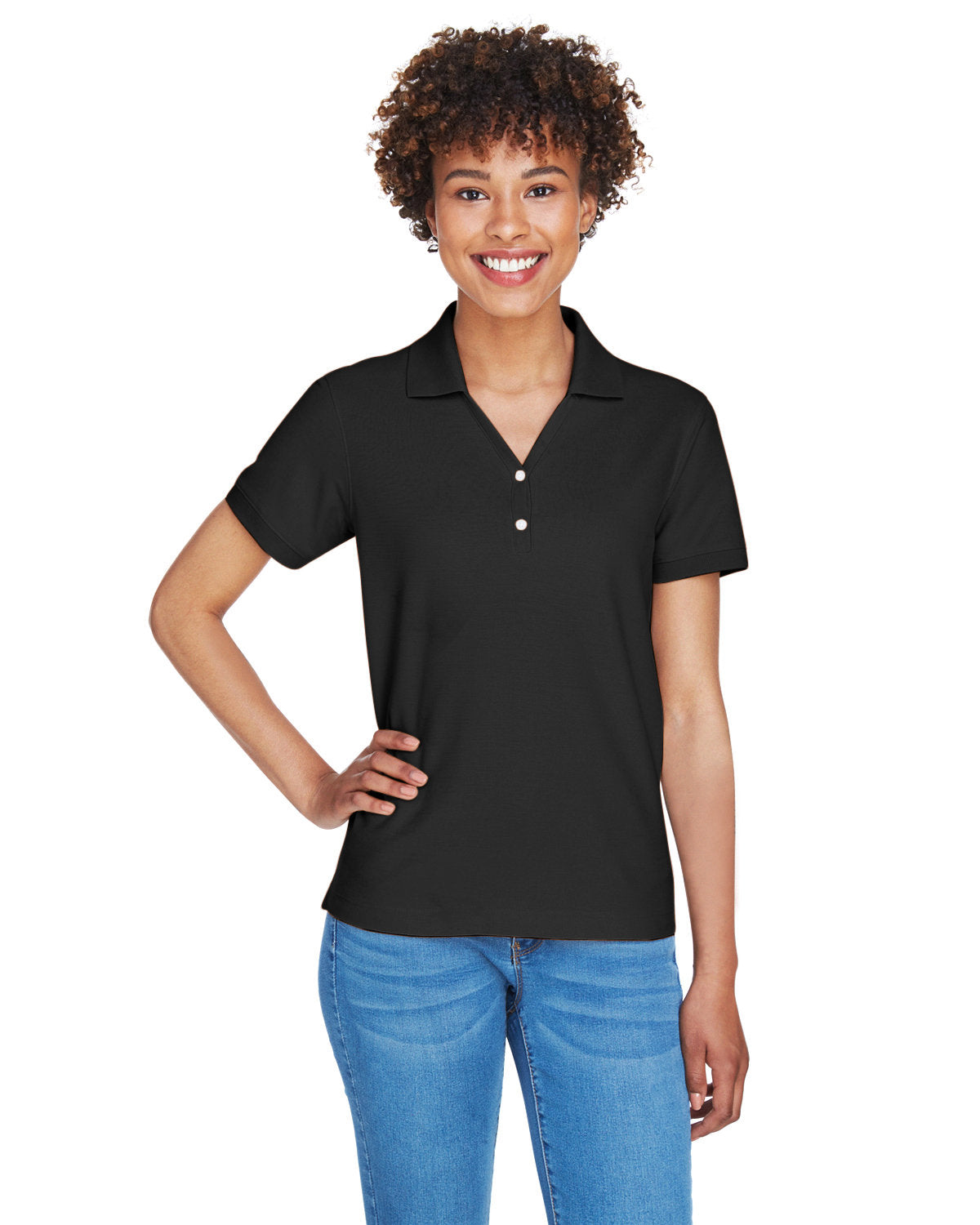 Devon & Jones Ladies Pima Pique Short-Sleeve Y-Collar Polo-Ladies Polos-Devon&Jones-Black-S-Thread Logic