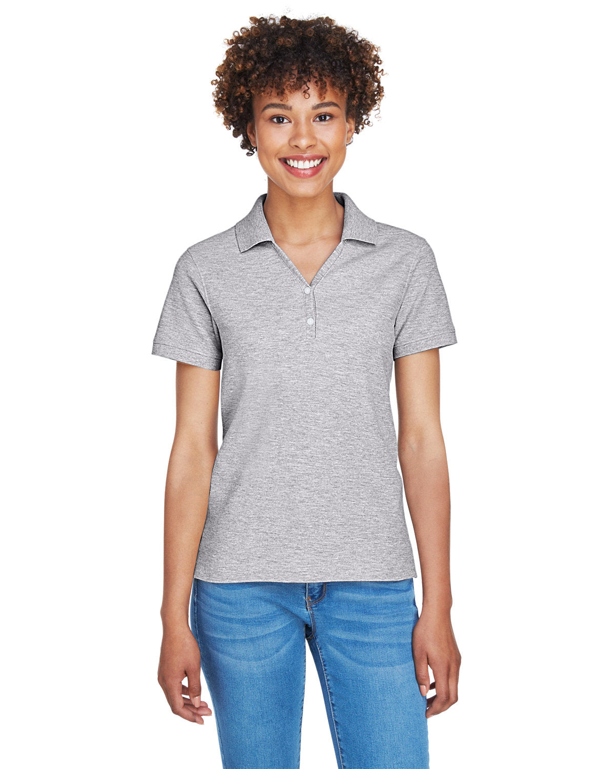 Devon & Jones Ladies Pima Pique Short-Sleeve Y-Collar Polo-Ladies Polos-Devon&Jones-Grey Heather-S-Thread Logic