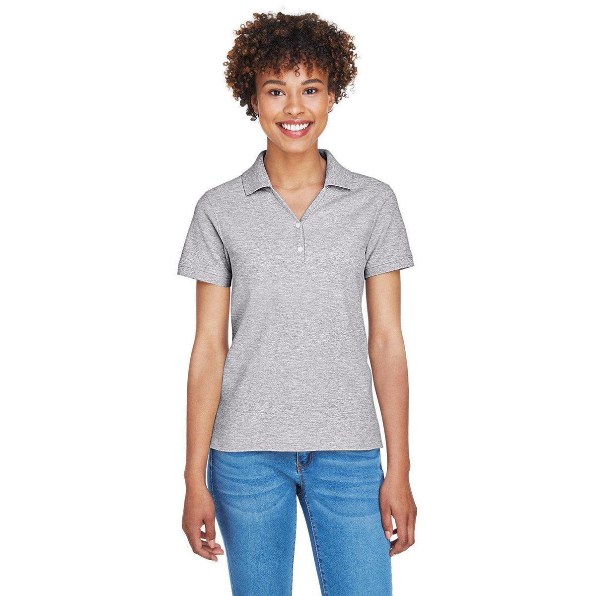 logo-left Devon & Jones Ladies Pima Pique Short-Sleeve Y-Collar Polo-Ladies Polos-Devon&Jones-Grey Heather-S-Thread Logic