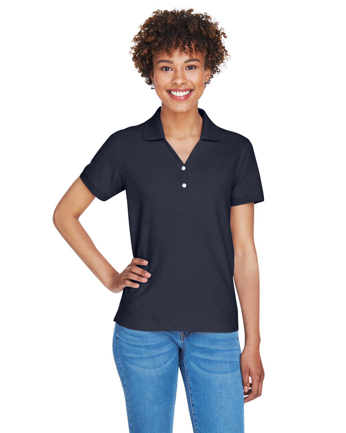 Devon & Jones Ladies Pima Pique Short-Sleeve Y-Collar Polo-Ladies Polos-Devon&Jones-Navy-S-Thread Logic