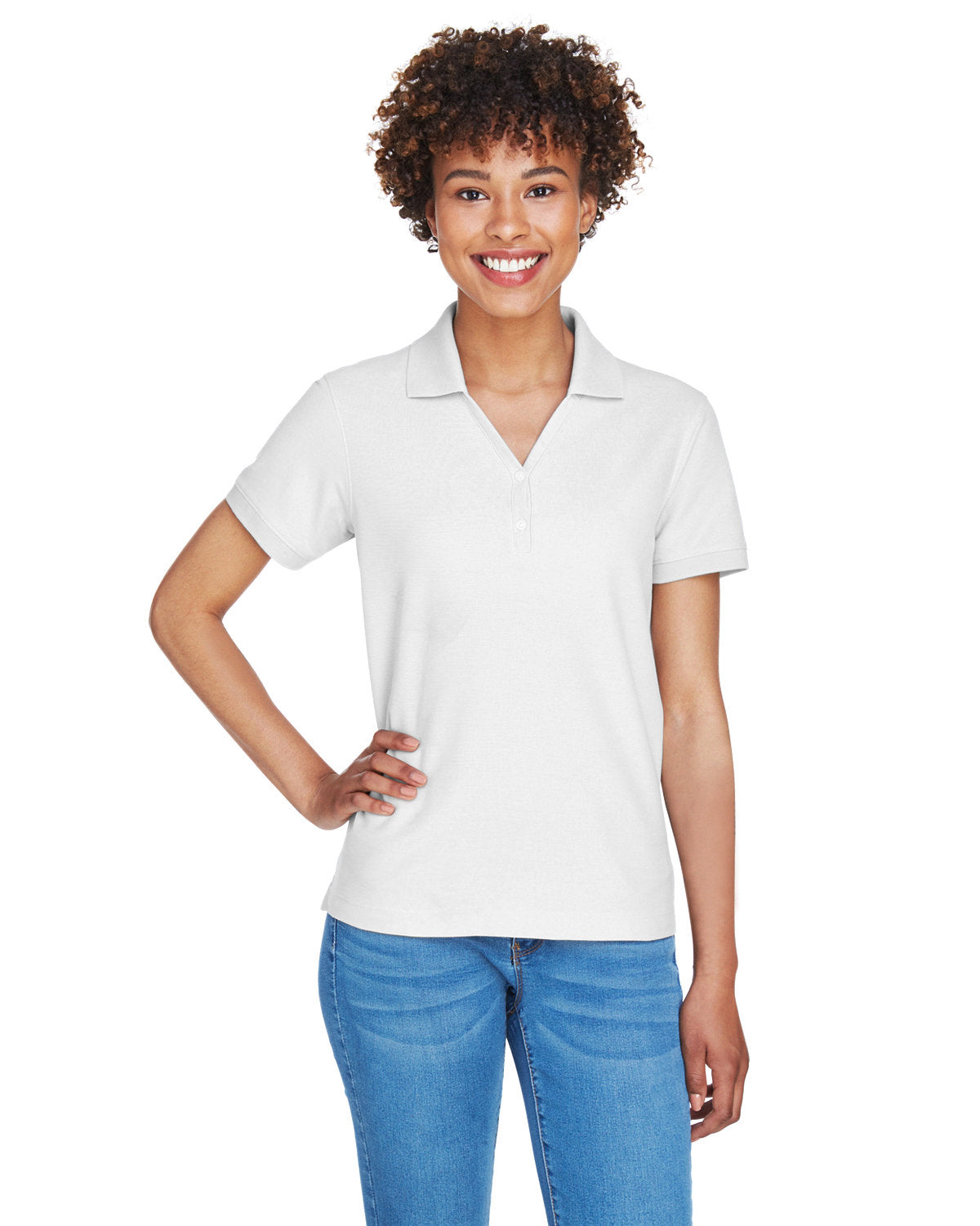 Devon & Jones Ladies Pima Pique Short-Sleeve Y-Collar Polo-Ladies Polos-Devon&Jones-White-S-Thread Logic