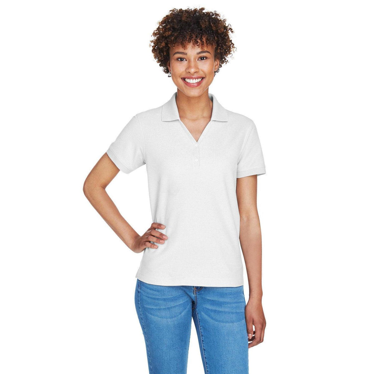 logo-left Devon & Jones Ladies Pima Pique Short-Sleeve Y-Collar Polo-Ladies Polos-Devon&Jones-White-S-Thread Logic