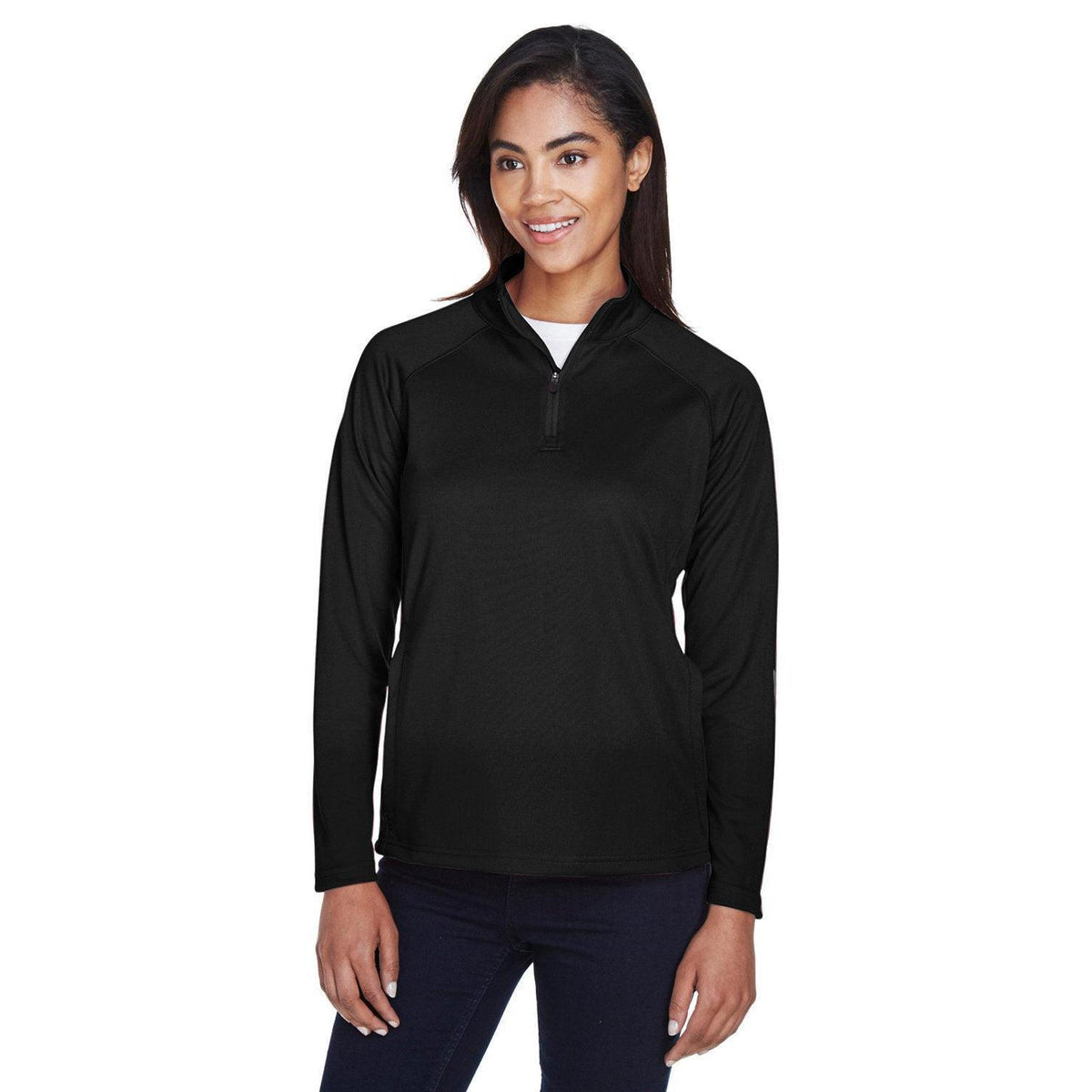logo-right Devon & Jones Ladies Stretch Tech-Shell Compass Quarter-Zip-Ladies Layering-Devon&Jones-Black-S-Thread Logic