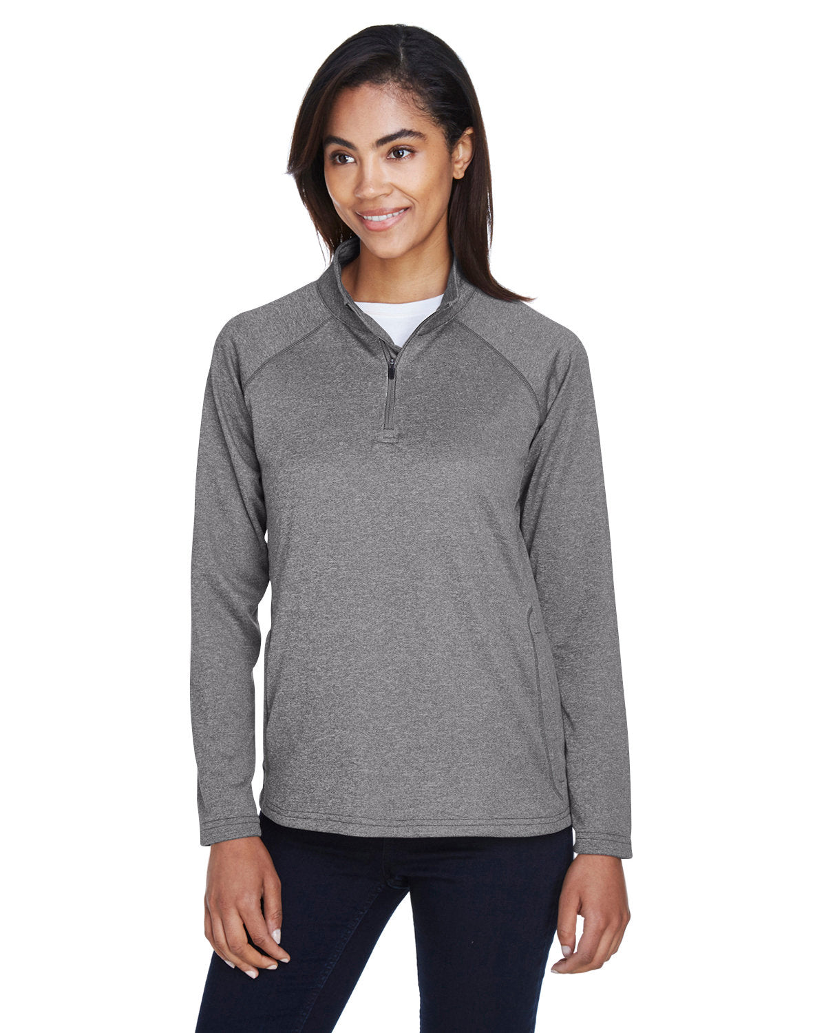 Devon & Jones Ladies Stretch Tech-Shell Compass Quarter-Zip-Ladies Layering-Devon&Jones-Dark Grey Heather-S-Thread Logic