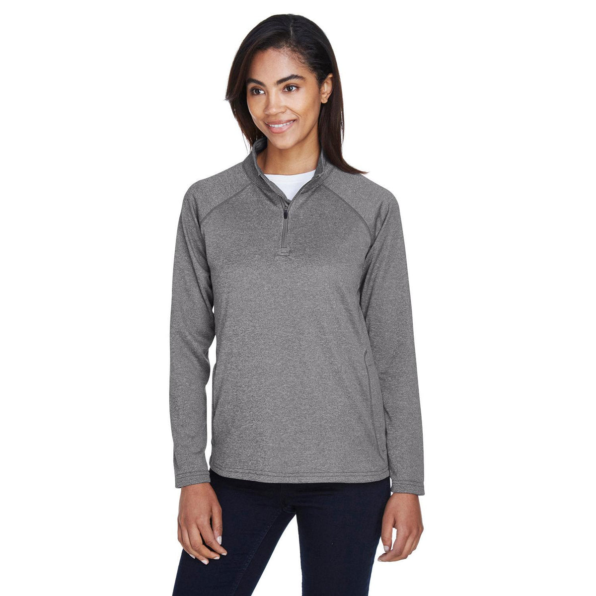 logo-right Devon & Jones Ladies Stretch Tech-Shell Compass Quarter-Zip-Ladies Layering-Devon&Jones-Dark Grey Heather-S-Thread Logic
