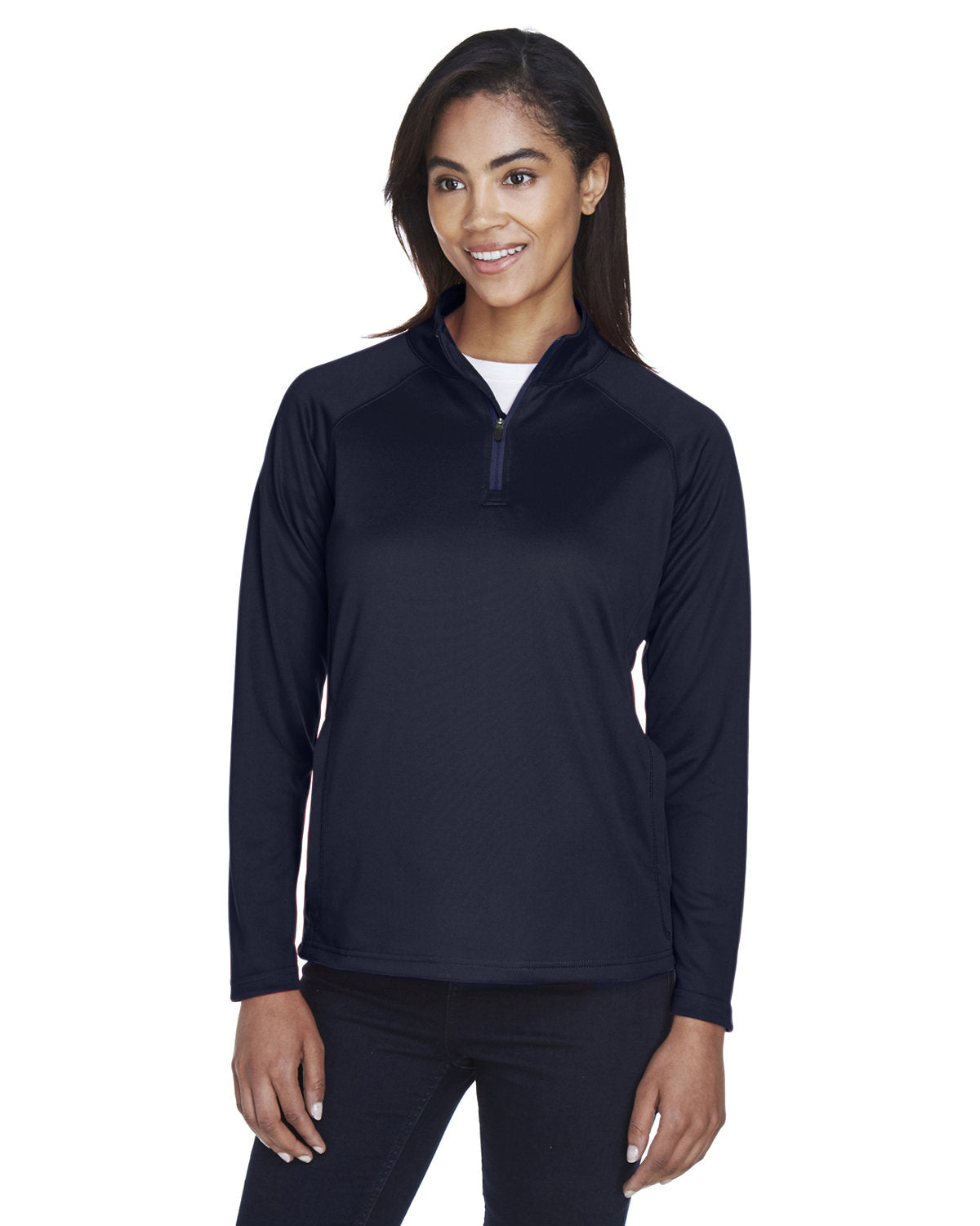 Devon & Jones Ladies Stretch Tech-Shell Compass Quarter-Zip-Ladies Layering-Devon&Jones-Navy-S-Thread Logic