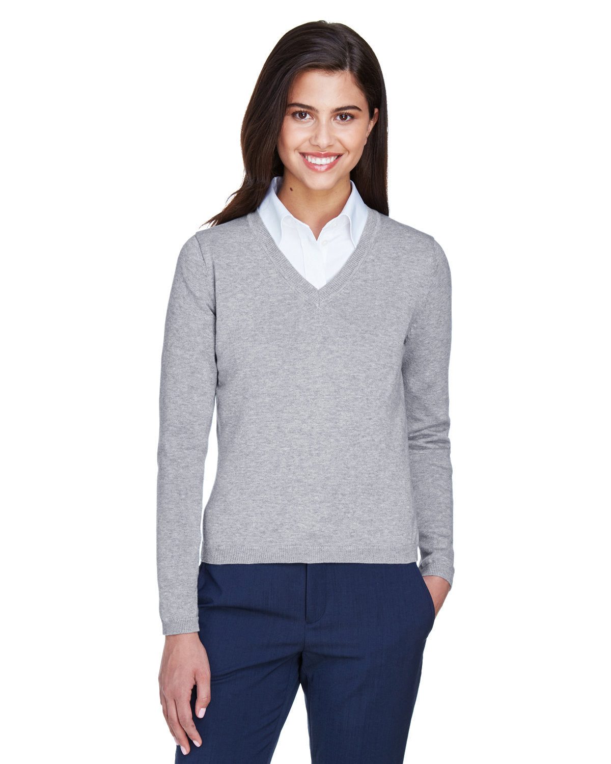 Devon & Jones Ladies V-Neck Sweater-Ladies Layering-Devon&Jones-Grey Heather-S-Thread Logic