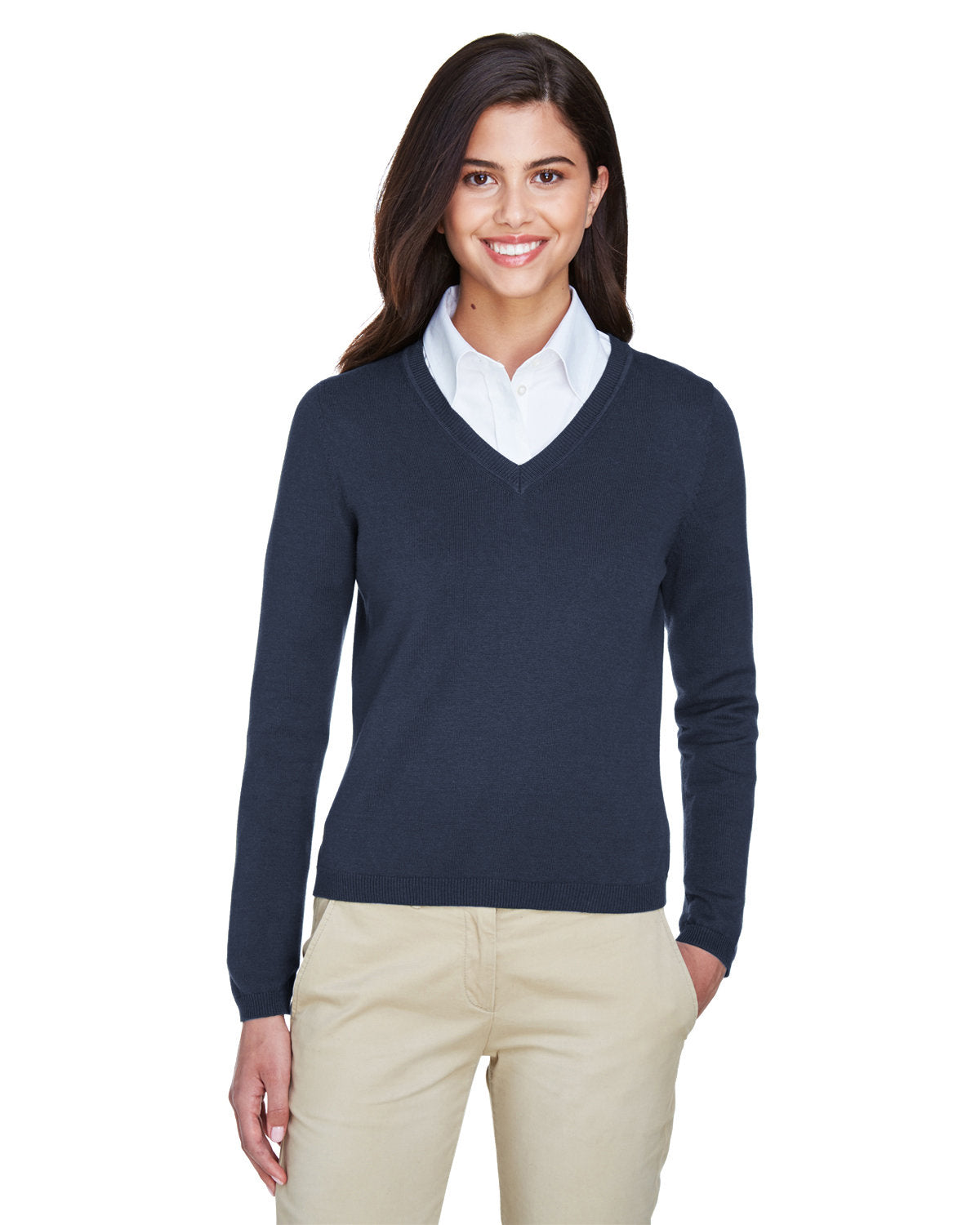Devon & Jones Ladies V-Neck Sweater-Ladies Layering-Devon&Jones-Navy-S-Thread Logic