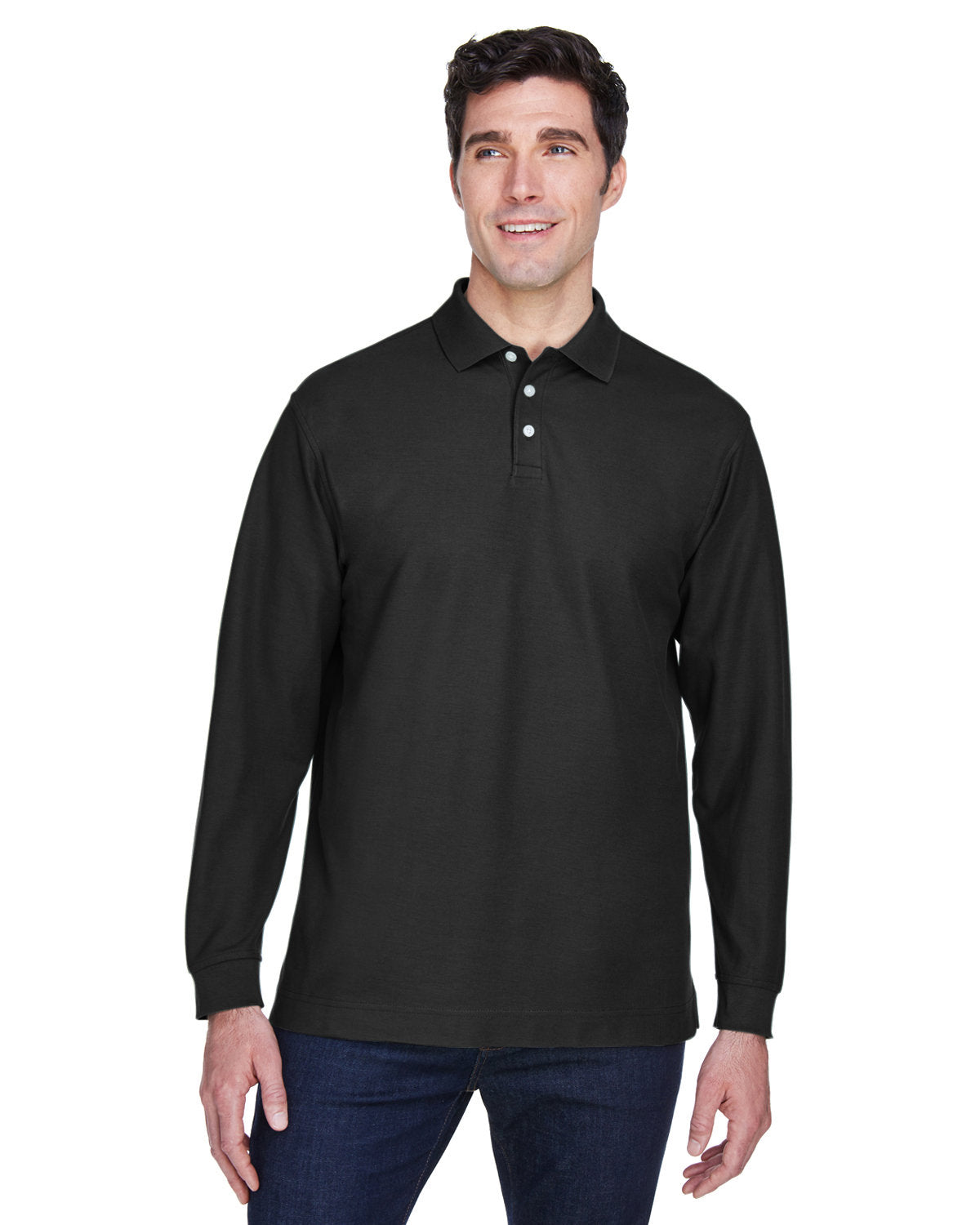 Devon & Jones Pima Pique Long-Sleeve Polo-Men's Polos-Devon&Jones-Black-S-Thread Logic