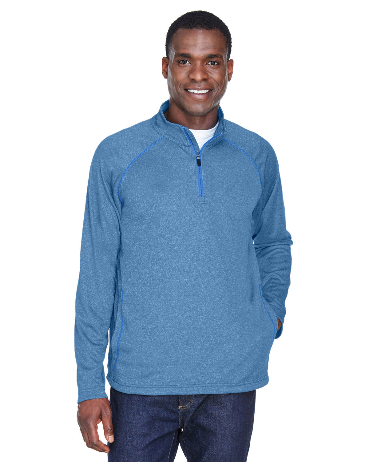 Devon & Jones Stretch Tech-Shell Compass Quarter-Zip-Men's Layering-Devon&Jones-French Blue Heather-S-Thread Logic