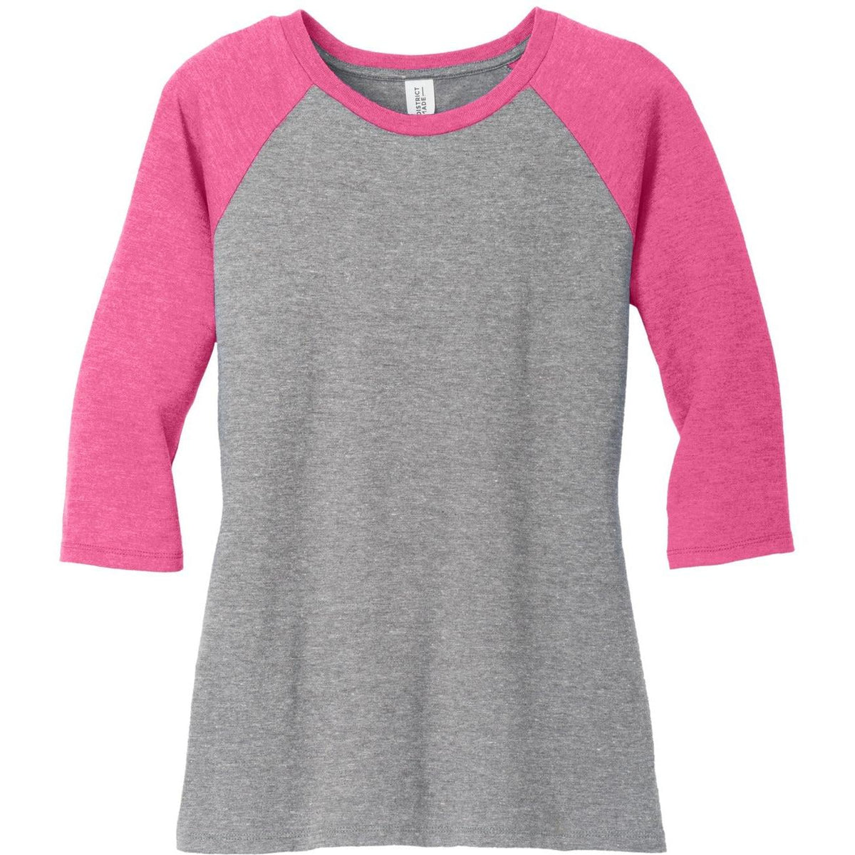 no-logo District Women's Perfect Tri 3/4-Sleeve Raglan-Regular-District-Fuchsia Frost/Grey Frost-XS-Thread Logic